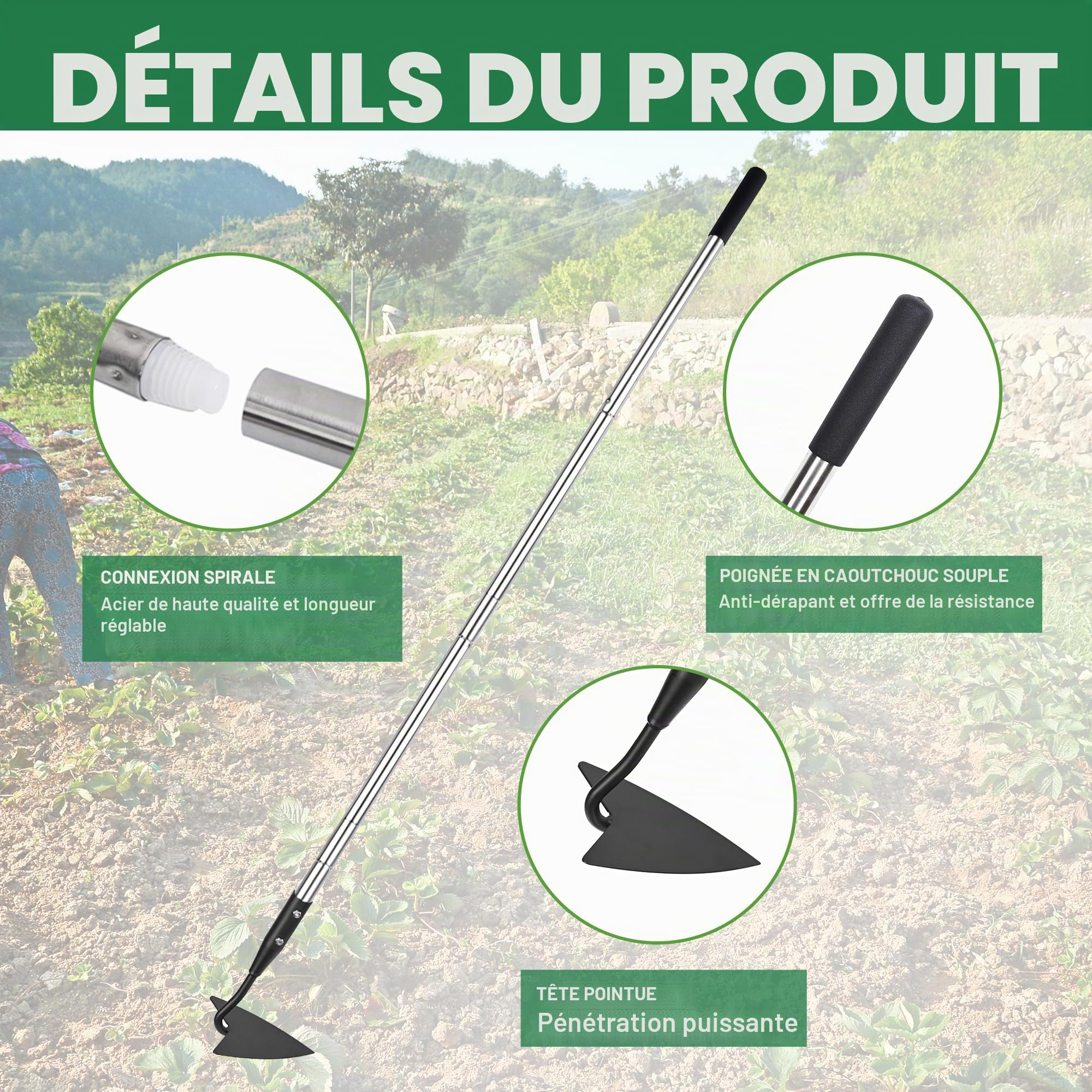 YEELOR Warren – Binette de jardin triangulaire en acier au carbone avec long manche réglable en acier inoxydable de 144,8 cm – Outil à main de jardinage robuste pour faîtage, désherbage, bêchage