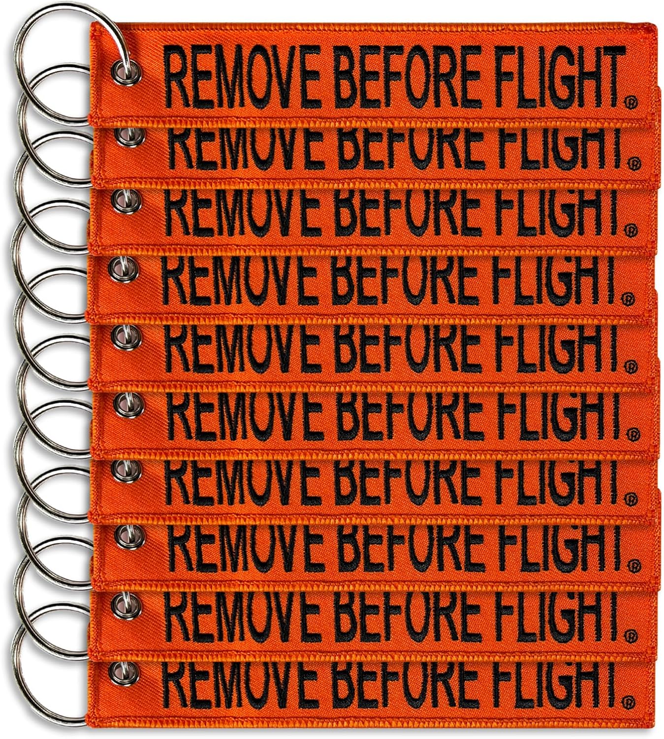 AIXEPA Orange/Black Remove Before Flight Fabric Keychain 5.5" x 1" (10-Pack)