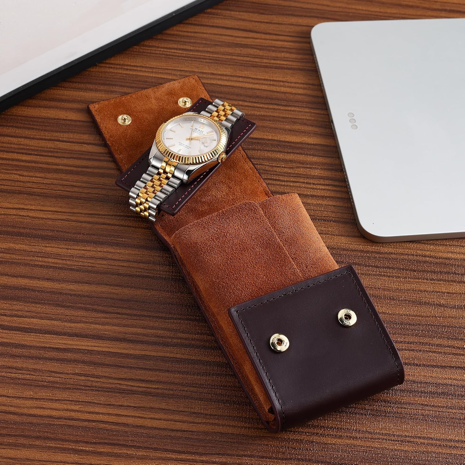 BUREI Leather Watch Travel Case Pouch Portable Watch Case for Men Single Watch Band Storage Bag Watch Accessories (Brown Black)