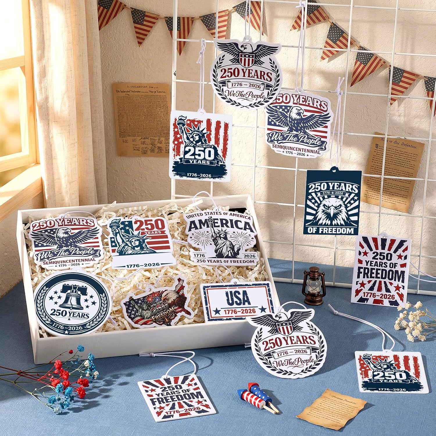 20 Pcs 250th Anniversary USA Car Air Freshener Patriotic Hanging Car Diffuser Ornaments for Cars Rearview Mirror Home Decor Patriots' Day 250th Anniversary Party Gifts