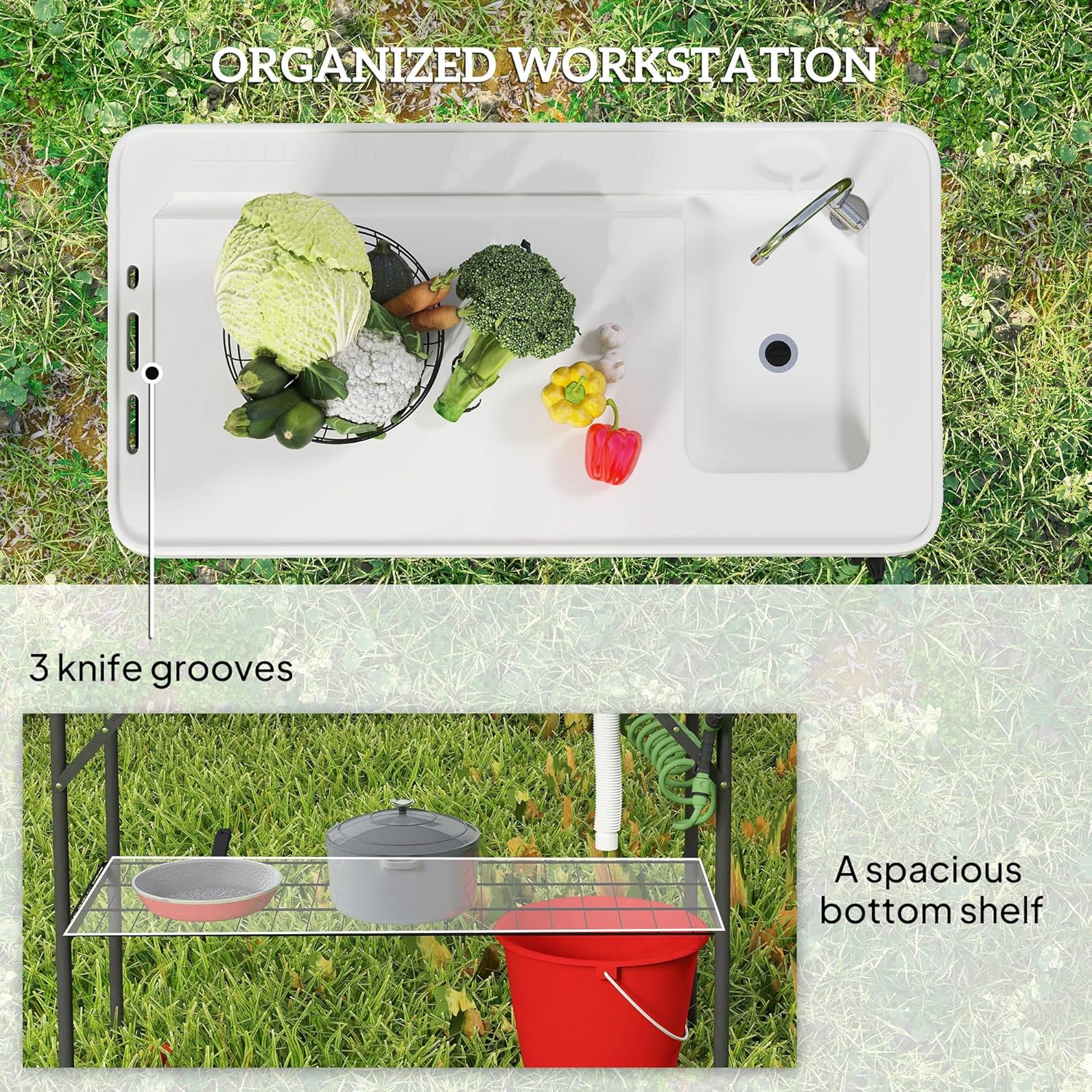 Outsunny Folding Fish Cleaning Table, Portable Camping Sink Station with Faucet, Drainage Hose, Sprayer, Grid Rack and Knife Groove, Outdoor Fillet Table for Picnic Beach Patio, White