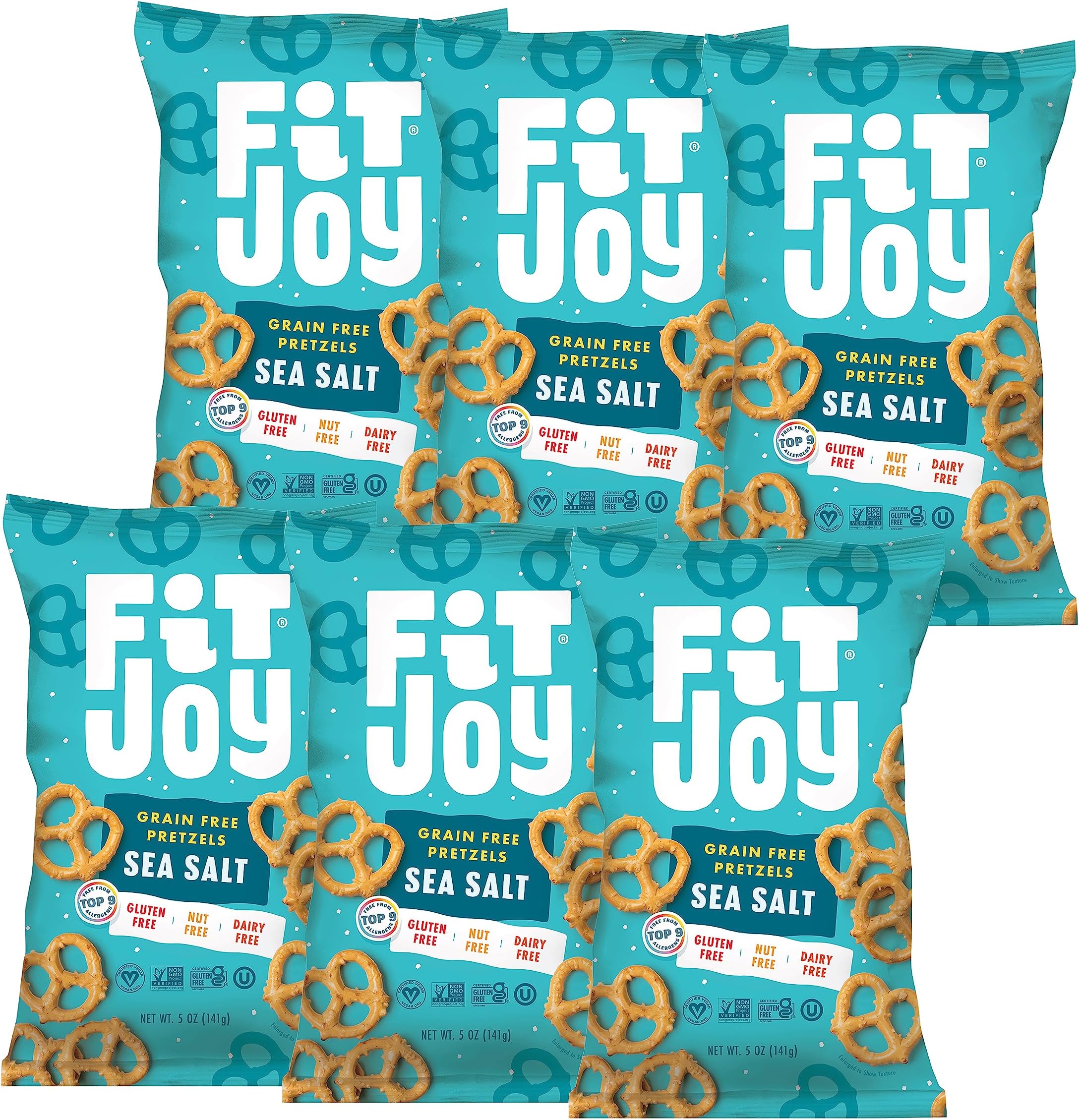 FitJoy Sea Salt Pretzels (Pack of 6, 5 Oz) - Dairy, Nut & Gluten Free Snacks - Grain Free Cassava Root & Chickpea Flour Vegan Pretzel Twists - Classic Snack Pretzels for Moms, Children and More