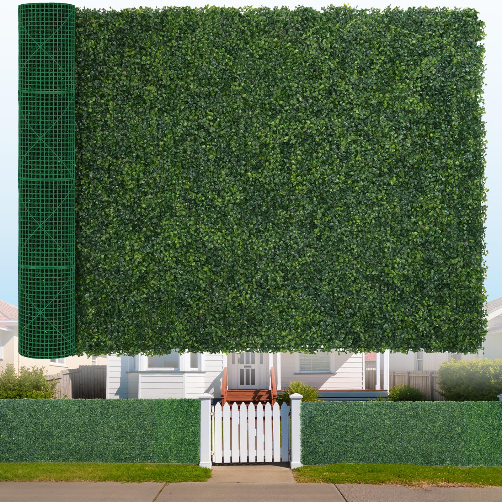 Photo 1 of Artificial Boxwood Roll, 71x144 in(72 sqft) UV-Anti Faux Ivy Hedge Grass Wall Panels for Patio and Balcony Privacy, Fake Greenery Backdrop Decor for Fence, Garden, Backyard