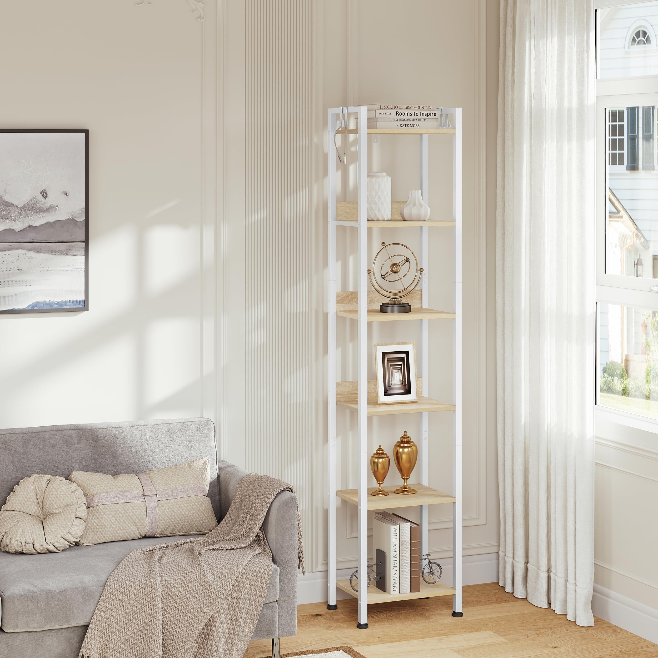 WOLTU Escalera Estantería de Almacenaje, Librería | de Madera y Metal con 4 Ganchos Extraíbles, de 6 Niveles, para Salón, de Estilo Industrial, Blanca, 40x30x187 cm