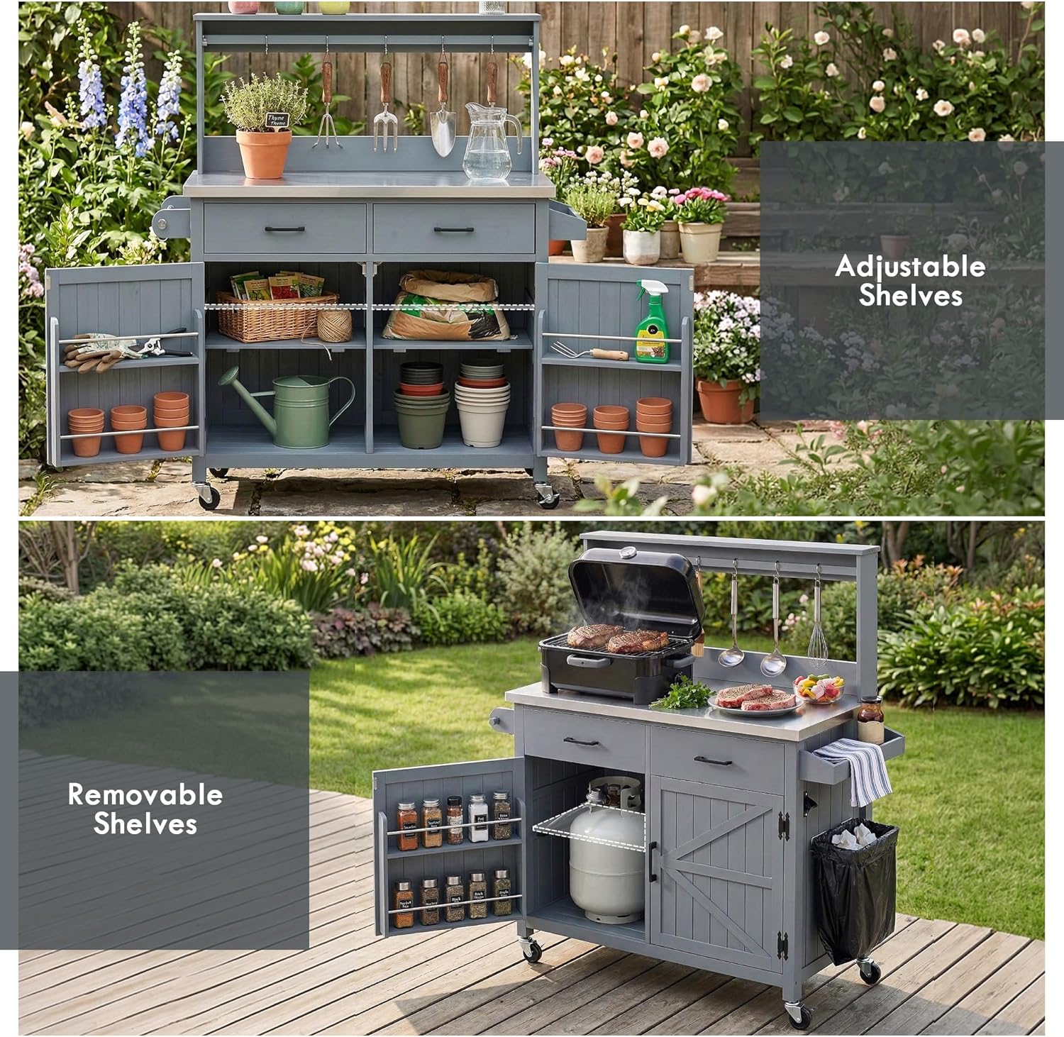 54.1" Garden Potting Bench with Storage, Outdoor Potting Table & Garden Work Bench for Plants, Horticulture, Outdoor Kitchen Island with Stainless Steel Tabletop, Outdoor Work Table (Grey Blue)