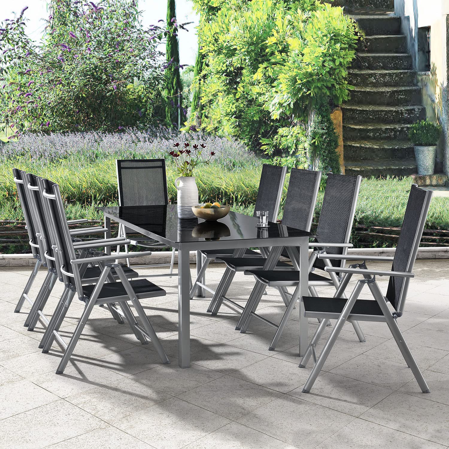 Juskys Gartengarnitur Milano 9-teilig Hochlehner Stühle verstellbar & klappbar mit Tisch, wetterfest, silber