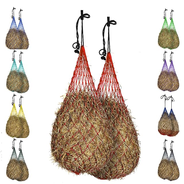 Majestic Ally Red de heno, juego de 2, longitud: 54 pulgadas, agujeros de 3 x 3 pulgadas para caballos (rojo)