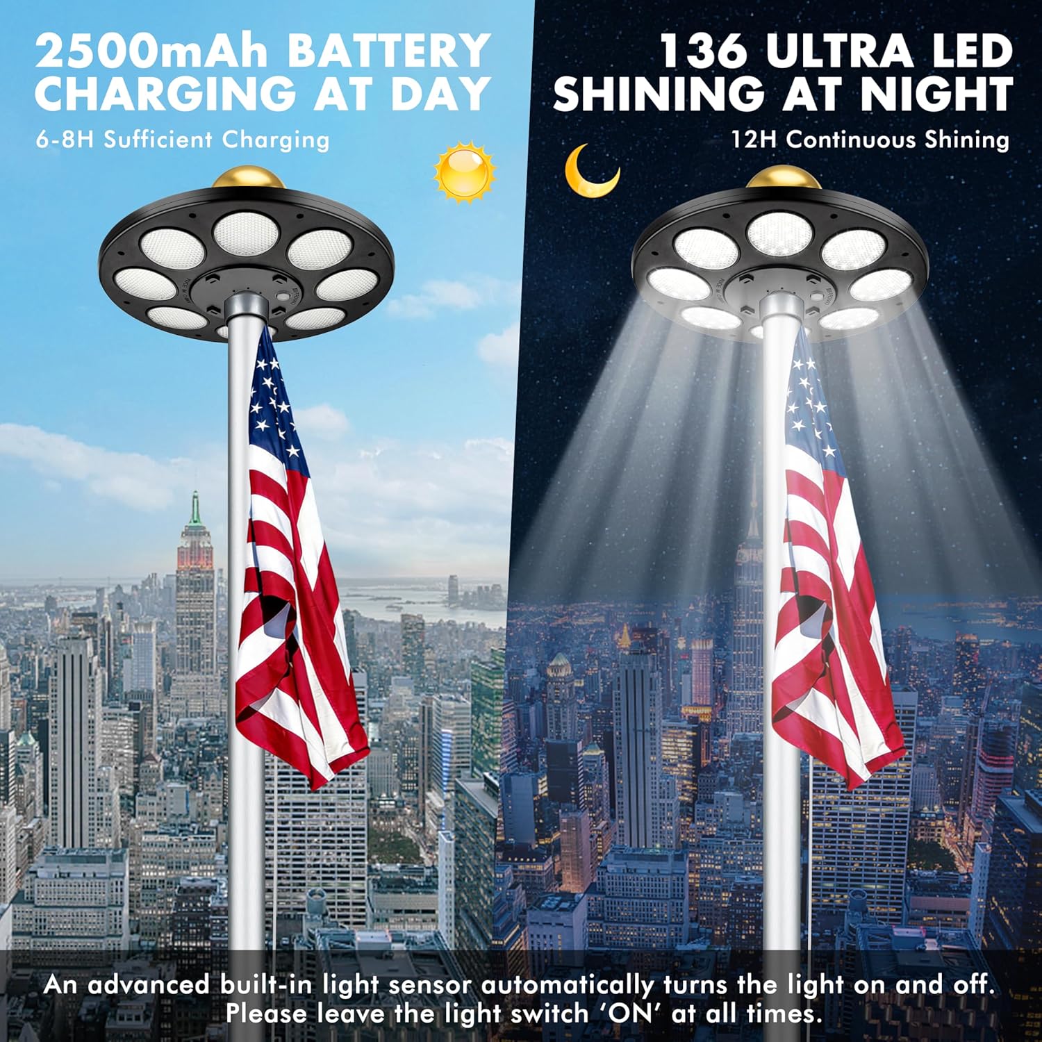 Flagpole Light Solar Powered,Auro 5 Flag Pole Light 136 LED for 15-25 Ft Poles,12 Hour Dusk to Dawn Auto On/Off,Spectacular Aurora Lighting on Outdoor Pole Top