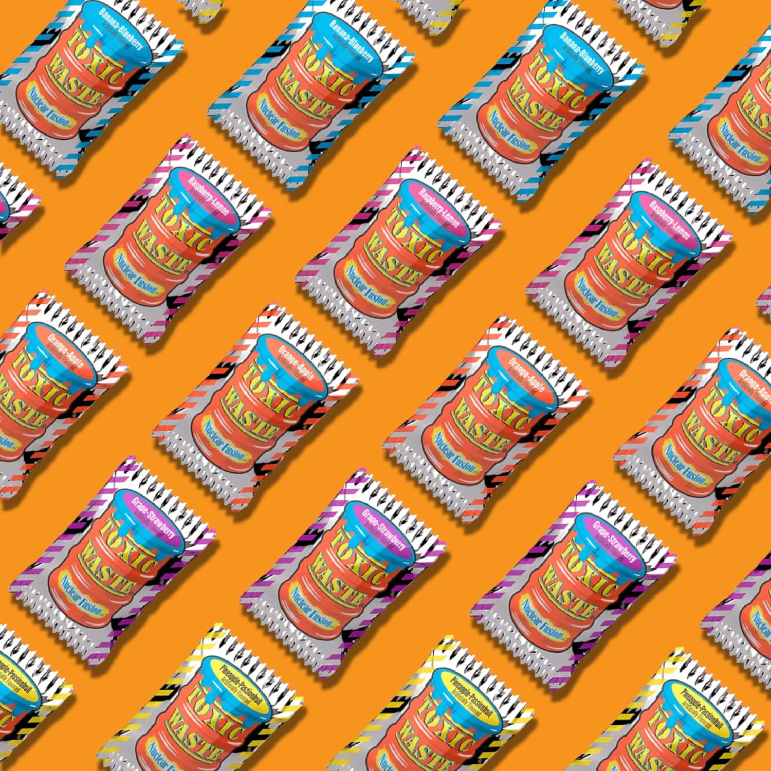TOXIC WASTE - Nuclear Fusion Hazardously Sour Candy - Raspberry-Lemon, Pineapple-Passionfruit, Grape-Strawberry, Banana-Blueberry, & Orange-Apple Flavors - 1000 Piece Bulk Bag