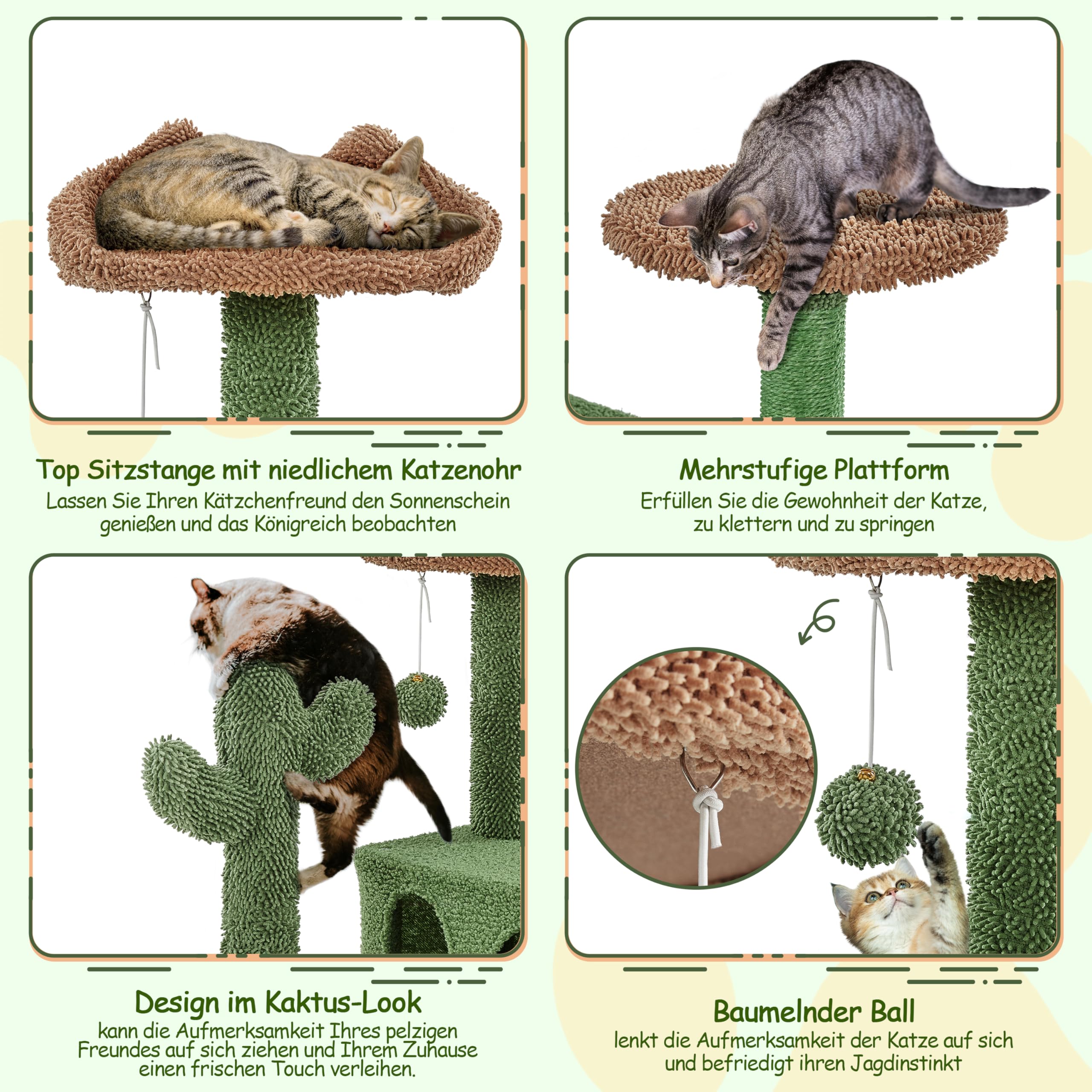 Yaheetech 138 cm Kratzbaum Kaktus Katzenbaum mit Katzenleiter & 2 Höhlen | Kaktusform | Mopp- & Teddy-Plüsch | FSC-zertifizierte Spanplatten | mit Kippsicherung | mit 4 Kratzsäulen & 2 Plattformen