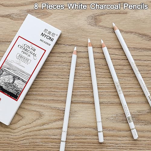 Miniatura 2 de Juego de lápices profesionales de carbón blanco, 8 lápices de bocetos con resaltes, lápices de tiza blanca para dibujar, bosquejar, sombrear,