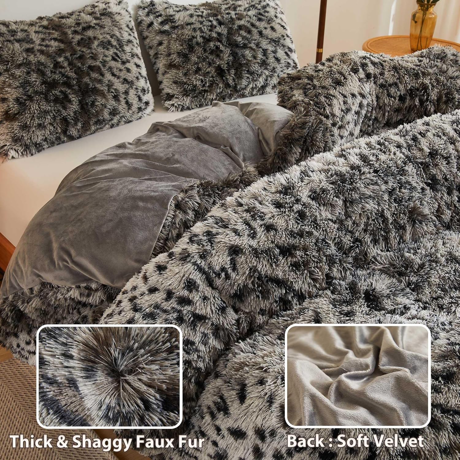 LIFEREVO Cheetah Print Faux Fur Duvet Cover Fluffy Bedding Set, 3 Pieces Soft Plush Fuzzy Comforter Cover Set(1 Shaggy Comforter Cover+2 Furry Pillowcases), Zipper Closure(King, Leopard Print Grey)