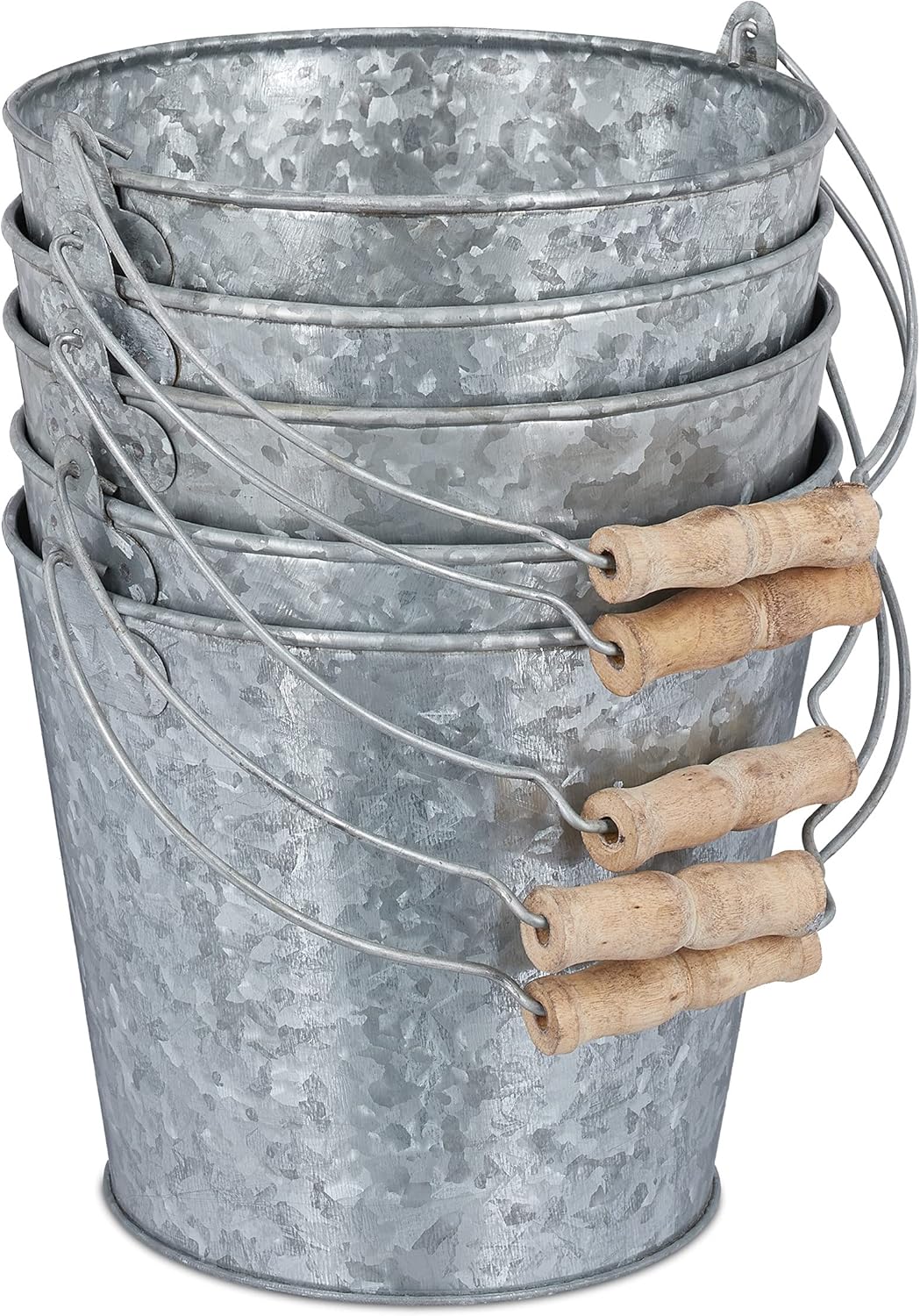 Relaxdays Zinc Pot Set of 5 Herb Pots for Kitchen, Balcony and Garden, Galvanised Metal Flower Bucket with Handle, Silver