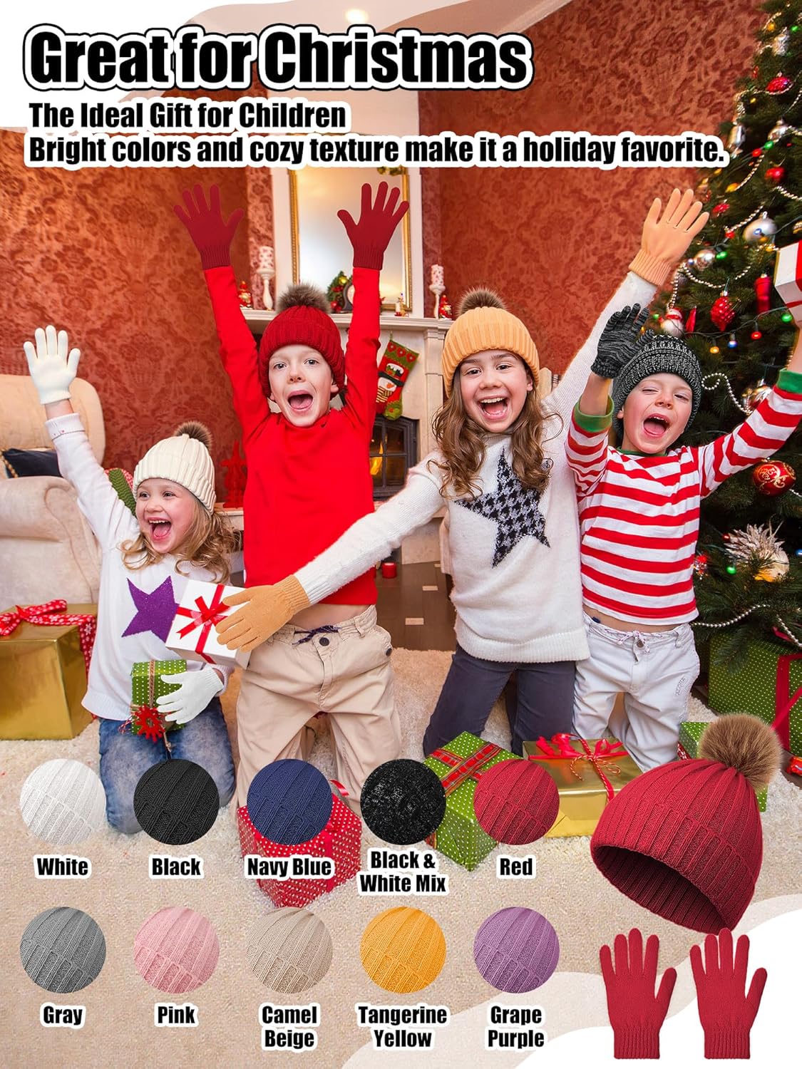 JaGely 100 Pcs Kids Beanies Hats and Gloves Set Bulk for Girls Boys Winter Warm Knitted Beanies Anti-slid Gloves with Grips - Image 3