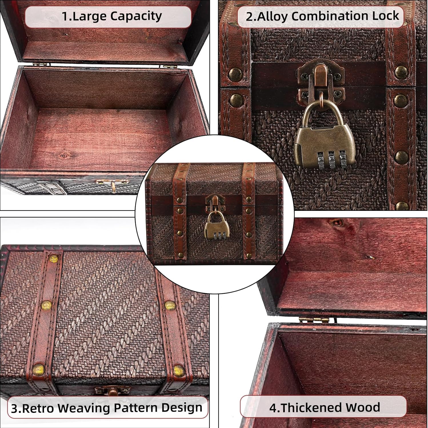 Vintage Wooden Treasure Chest with Combination Lock, 3 Digits, Retro Pirate Treasure Chest with Lock, Small Wooden Treasure Chest Box, Jewellery Box, Storage Box for Storage and Decorating, 19 x 12 x