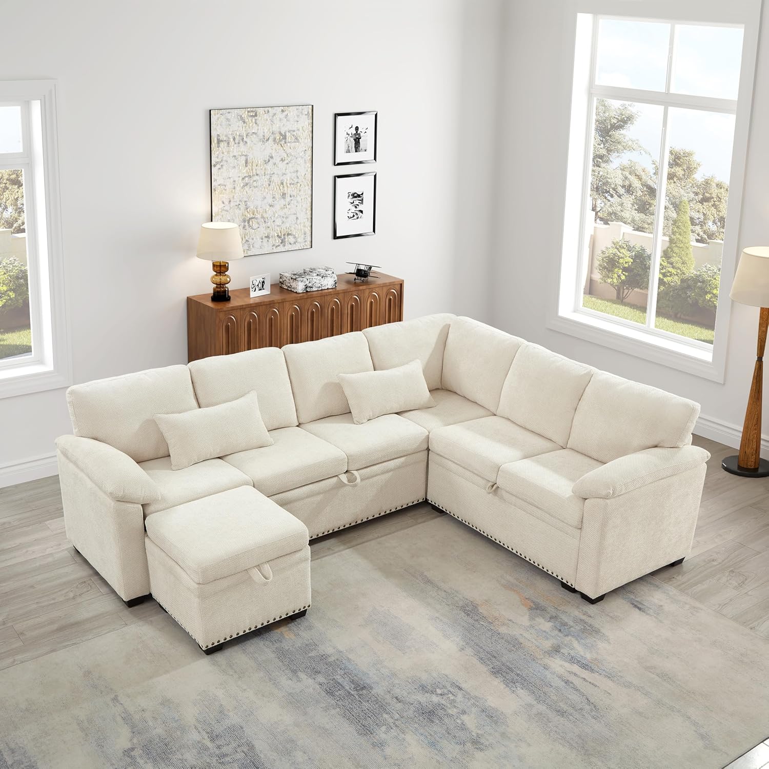 Ball & Cast L-Shape Upholstered Sleeper Sectional Sofa Bed with Storage Seat and Ottoman,Sofa Couch W/ 2 Pillows and Armrests,Sleeper Corner Couches,Chenille Fabric,for Living Room,Apartment,Beige,97"