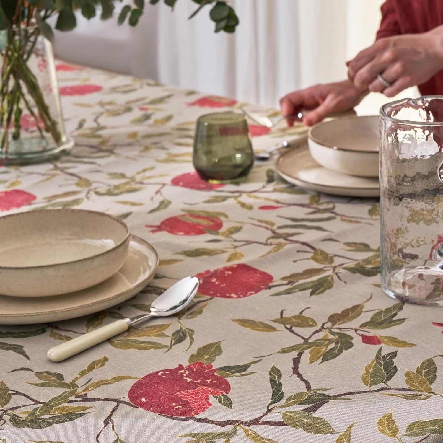 Pomegranate Tablecloth – Linen-Blend Rectangular 55” x 87” – Waterproof Table Cloth for Kitchen & Dining Room – Farmhouse Chic, French Country, & Holiday Decor – Botanical Fruit-Inspired Design
