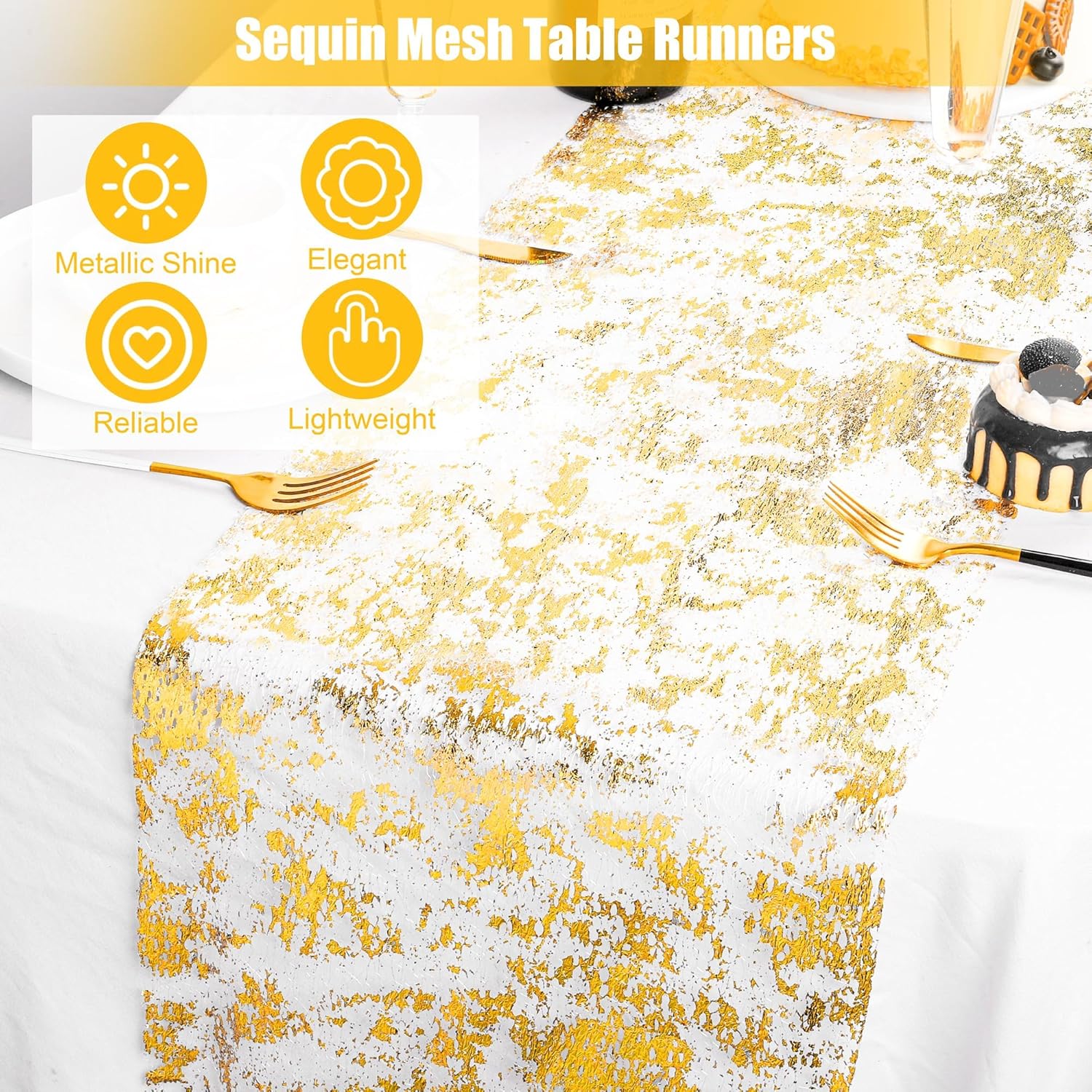 Aneco 12 Pieces Metallic Glitter Table Runner 84 x 11 Inches Gold Glitter Mesh Table Runners Sparkle Rectangle Runner Roll Decorations for Wedding Baby Shower Birthday, DIY Home Decor