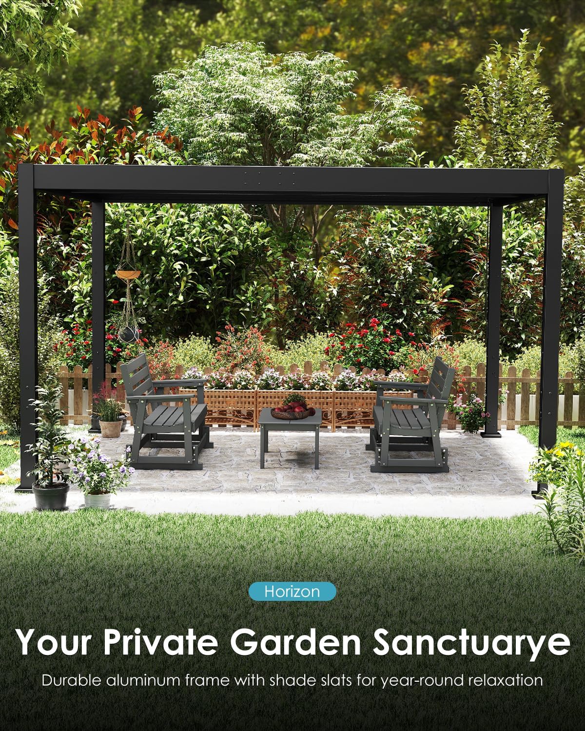 GREENVINES Louvered-Pergola | 10’ x 13’ | Patio Pergolas with Adjustable Roof | Hidden Drainage System | Outdoor Gazebo | Aluminum Frame | Hardtop | for Deck Garden Backyard | Black