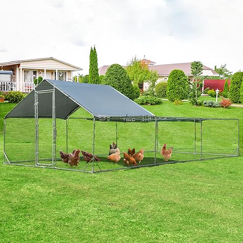 Giantex 20ft Large Metal Chicken Coop, Walk-in Chicken Run Poultry Cage, Waterproof and Sun-Proof Cover, Galvanized Steel Frame, Hen Duck Rabbit House Outdoor Farm Yard (20 x 10 ft, Half Spire)