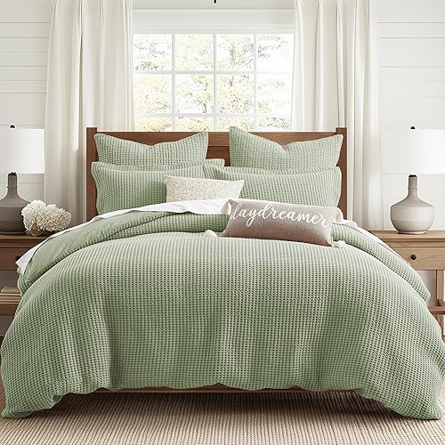 Miniatura 8 de Levtex Home - Juego de funda de edredón Mills Waffle Desert Sage - Funda de edredón King + dos fundas de almohada King - Tejido de gofre salvia -