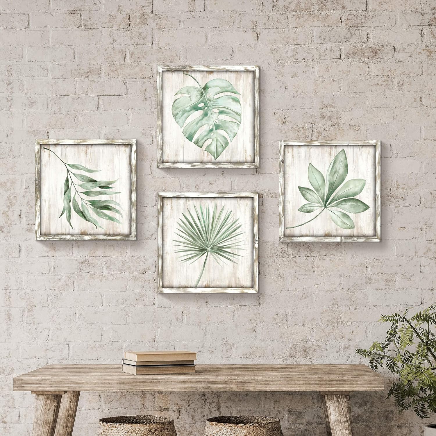 Hardy Gallery Green Leaves Prints Wall Art: Rustic Wooden Background Palm Tree Leaf Simple Life Painting for Bathroom Wall Decor (12 X 12 X 4)