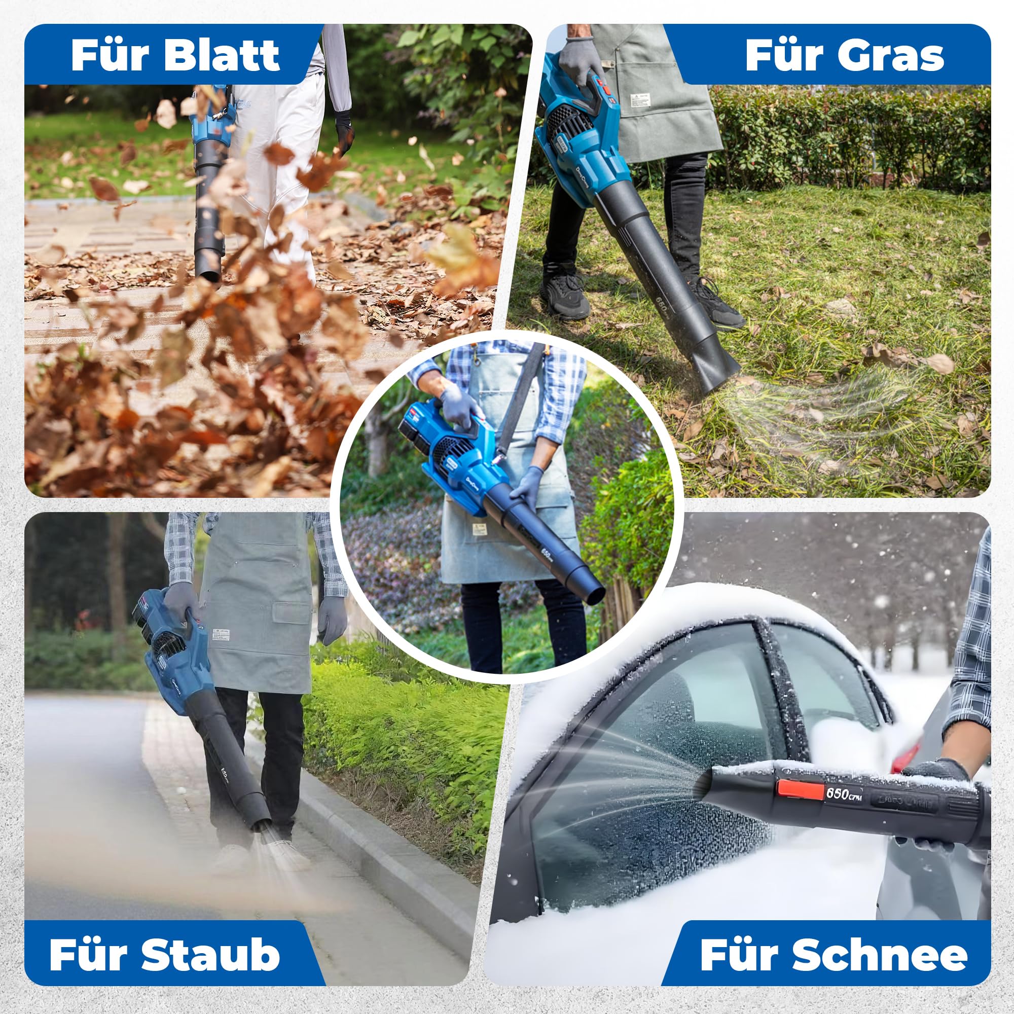Dong Cheng Akku-Laubbläser 2x20V, 225km/h Luftgeschwindigkeit, 1105 m³/h Luftmenge, 6 Gänge mit Turbo-Modus, inkl. 3 Düsen, für Massenlaub, Gärten, Straßen, Baustellen, Schnee