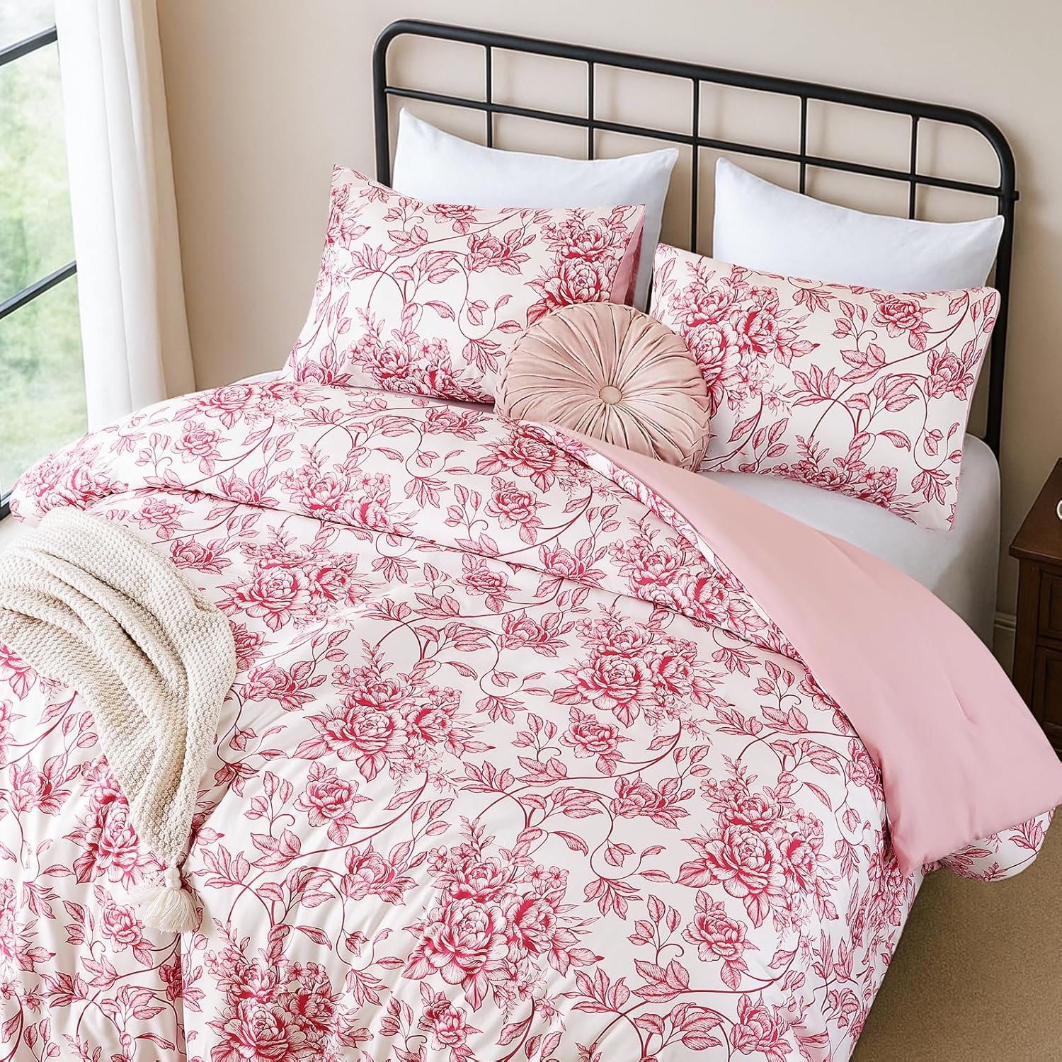 JANZAA Full Size Comforter Set - Pink Floral Comforter, 3 Piece Cute Floral Bedding for All Season, 1 Soft Fluffy Breathable Microfiber Spring Comforter Set with 2 Pillow Shams