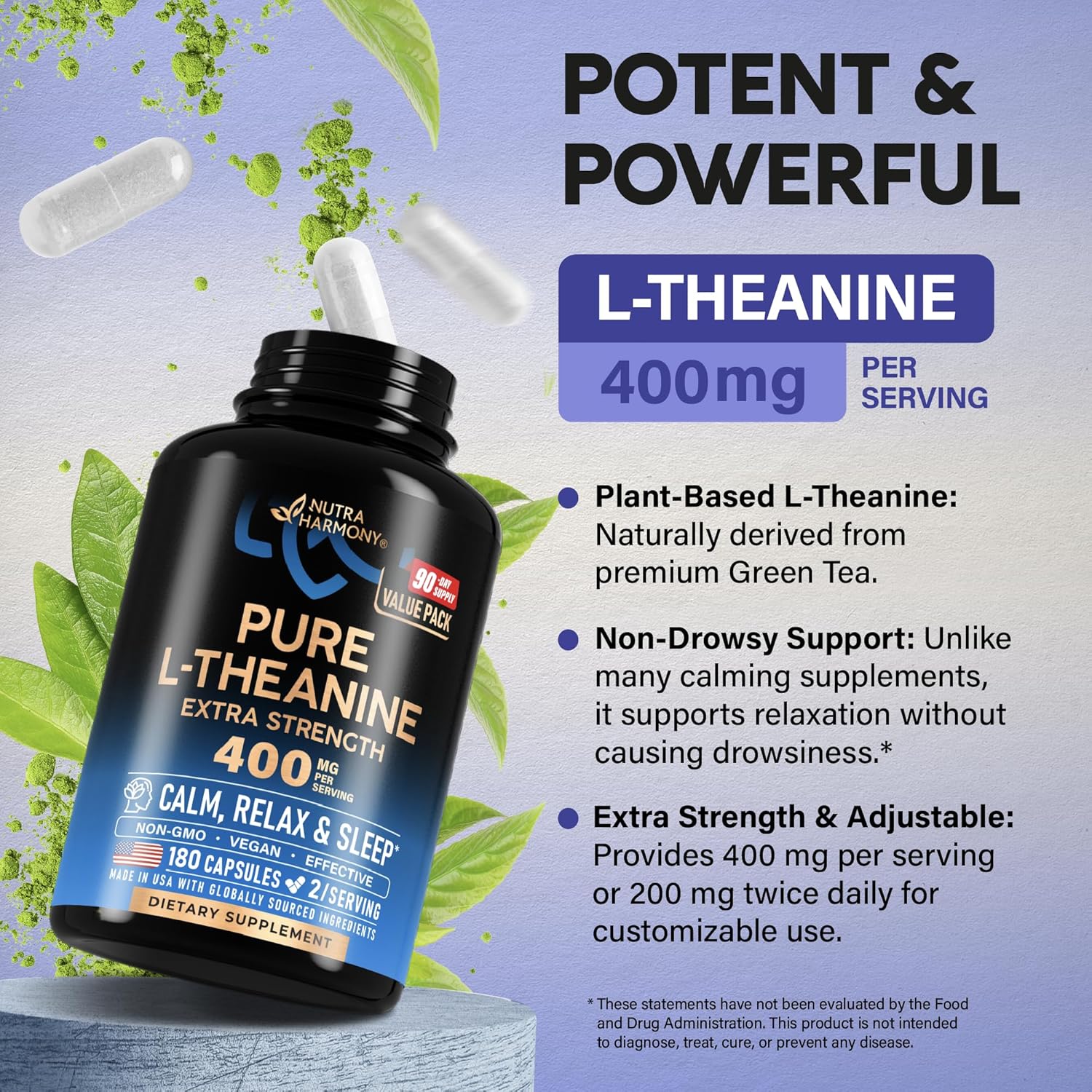 L Theanine 400 mg | L-Theanine Stress Relief | Extra Strength Supplement | Made in USA | Relaxation, Sleep & Calm Support | For Men & Women | Plant Based, Non-GMO & Gluten-Free | 180 Vegan Capsules - Image 4