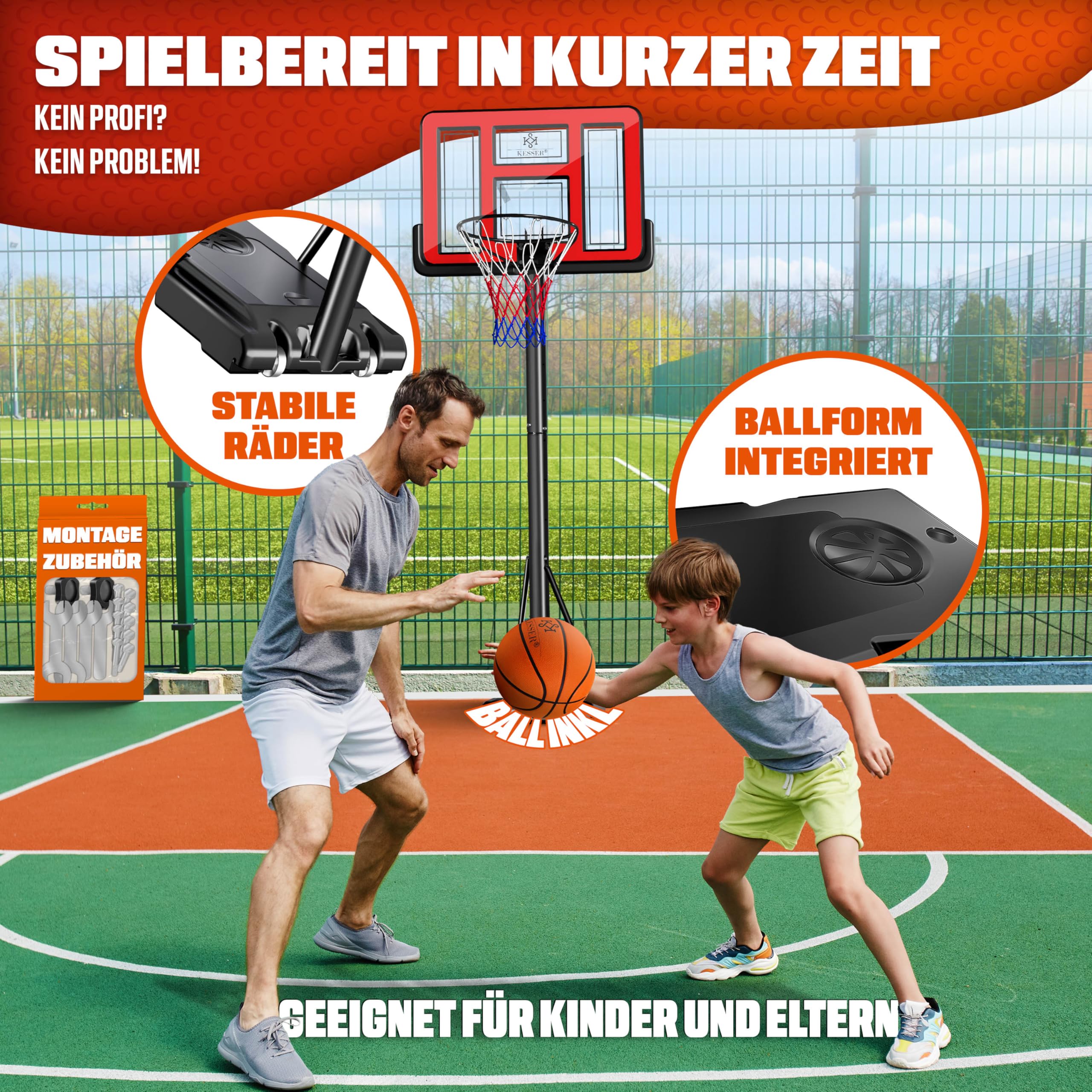 KESSER Juego de canasta de baloncesto ajustable de 160 a 210 cm, soporte de baloncesto móvil con ruedas, tabla de baloncesto, bomba y 2 redes, sistema de baloncesto para interiores y exteriores para