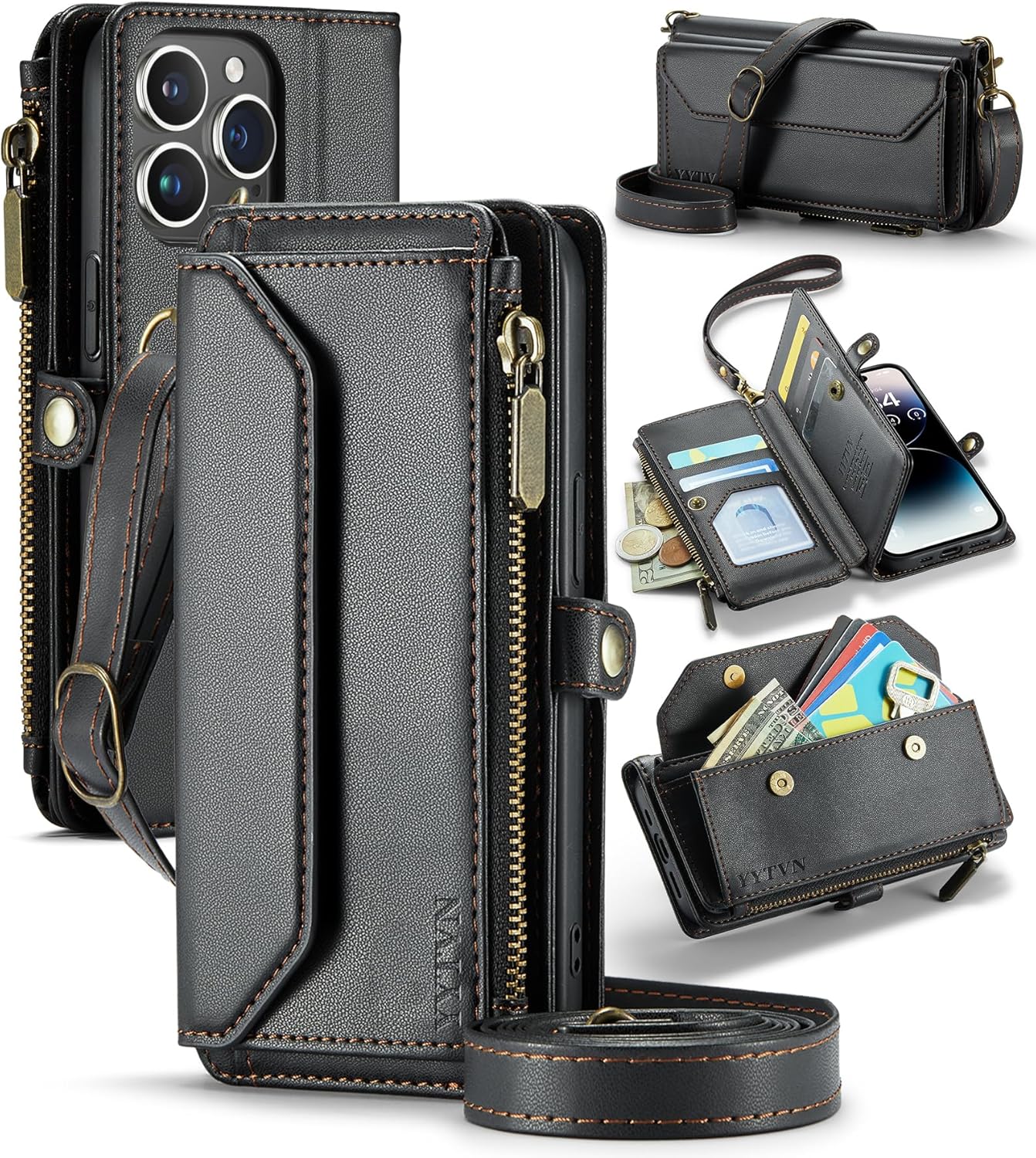 for iPhone 14 Pro Wallet Case with Zipper Card Holder & Crossbody Lanyard Strap & Wrist Strap, RFID Blocking PU Leather Magnetic Flip Handbag Purse Case for iPhone 14 Pro -Black