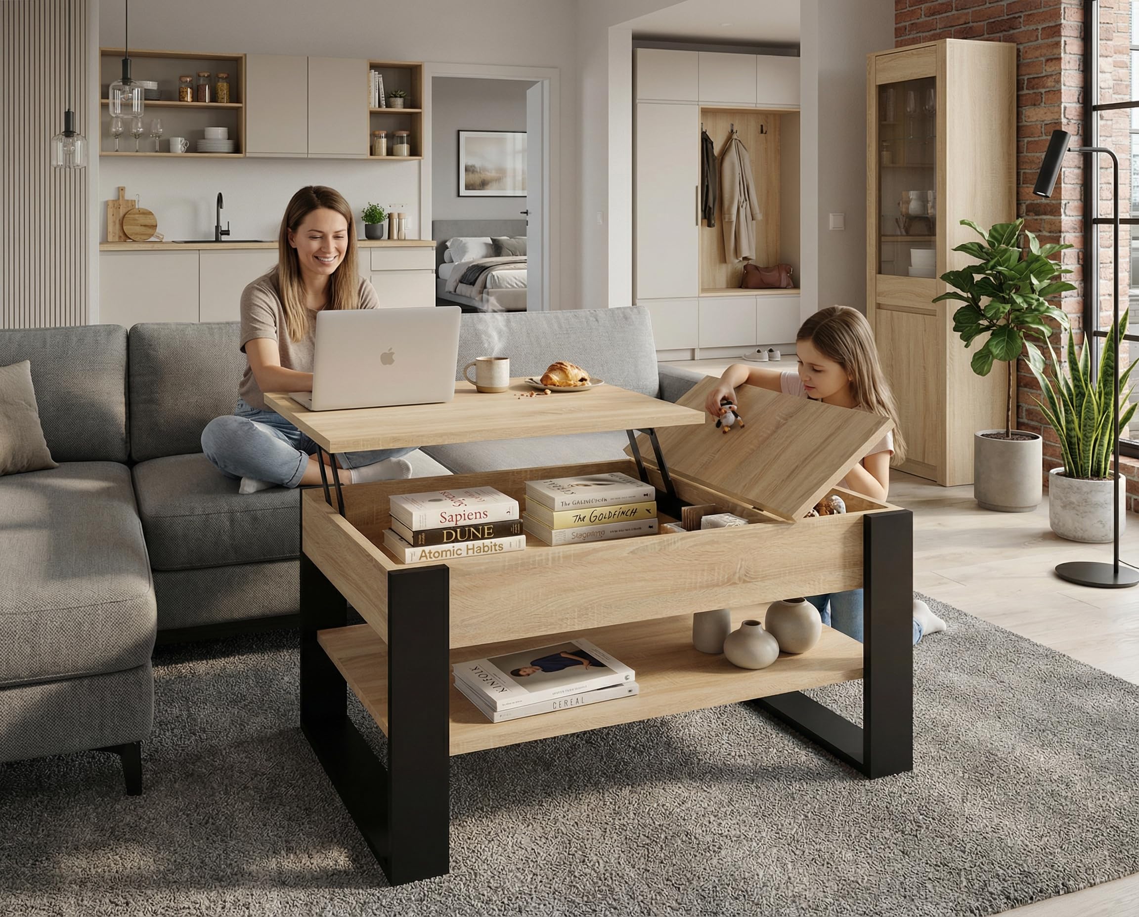 Mesa de Centro elevable | Mesa de salón con almacenaje | Roble Sonoma/Negro | con función Lift