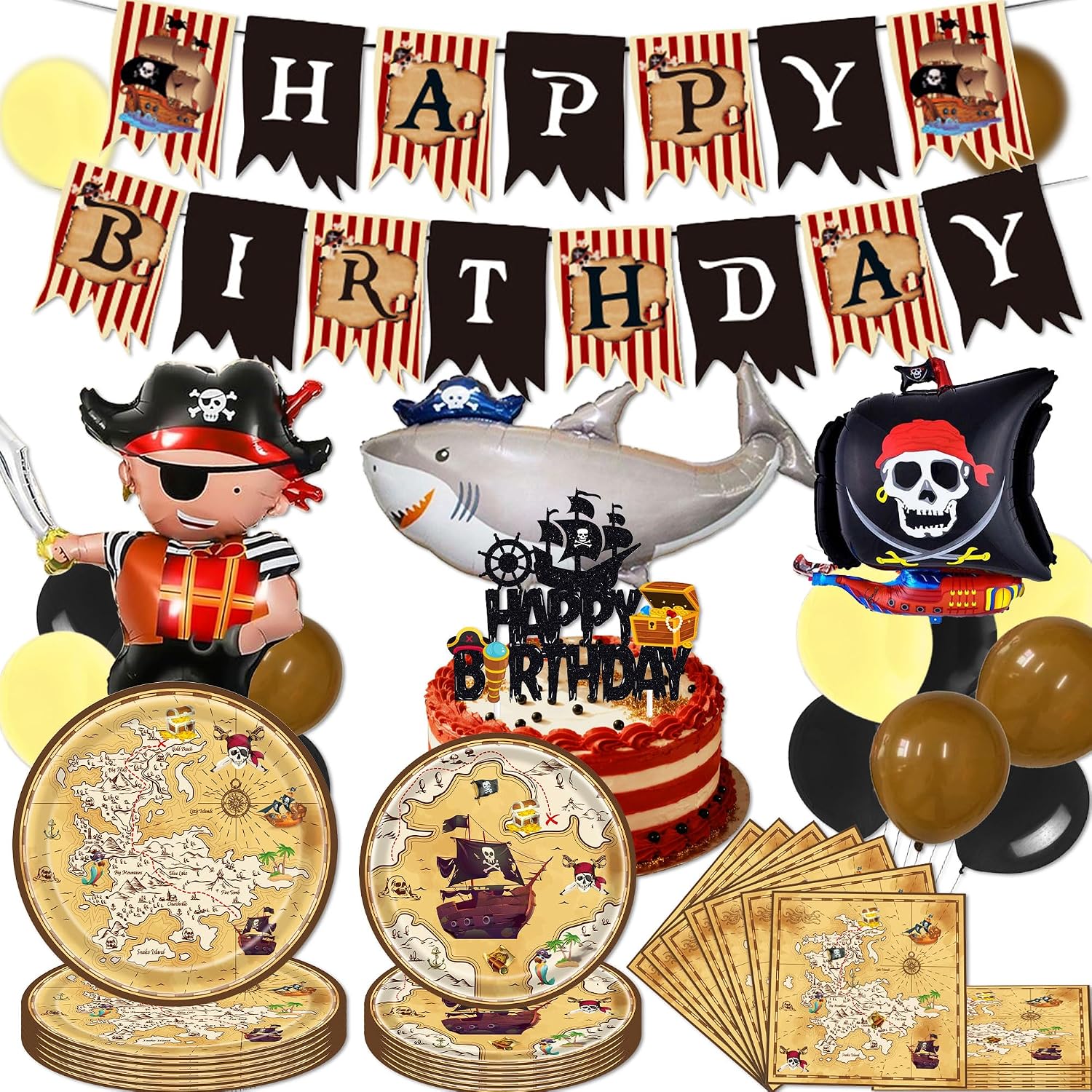 57 Pieces Vintage Pirate Decoration Birthday Pirate Ship Foil Balloon Pirate Paper Plates Napkins Banner Balloon for 10 Guests