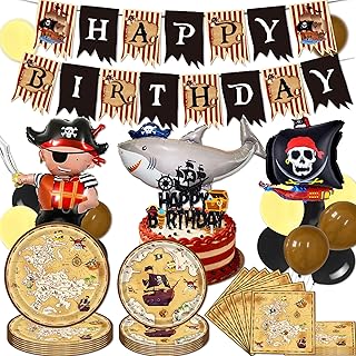 59PCS Décoration pirate pour anniversaire d'enfant Décoration d'anniversaire pirate Décoration pirate Bateau pirate Ballon en aluminium Assiettes en carton Tasses Serviettes Bannière Ballons