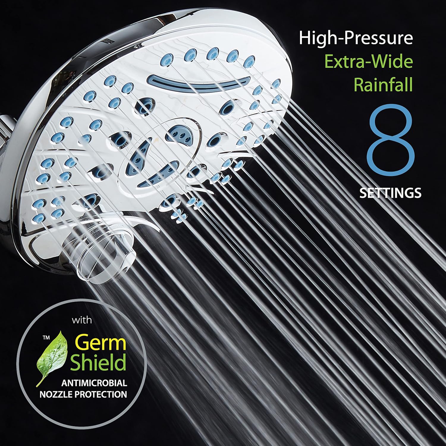 Hotel Spa AquaCare High Pressure 8-setting 7 inch Rainfall Shower Head with Cascading Waterfall and Special Hygienic Anti-clog Nozzles for Cleaner, More Powerful Shower Top American Brand