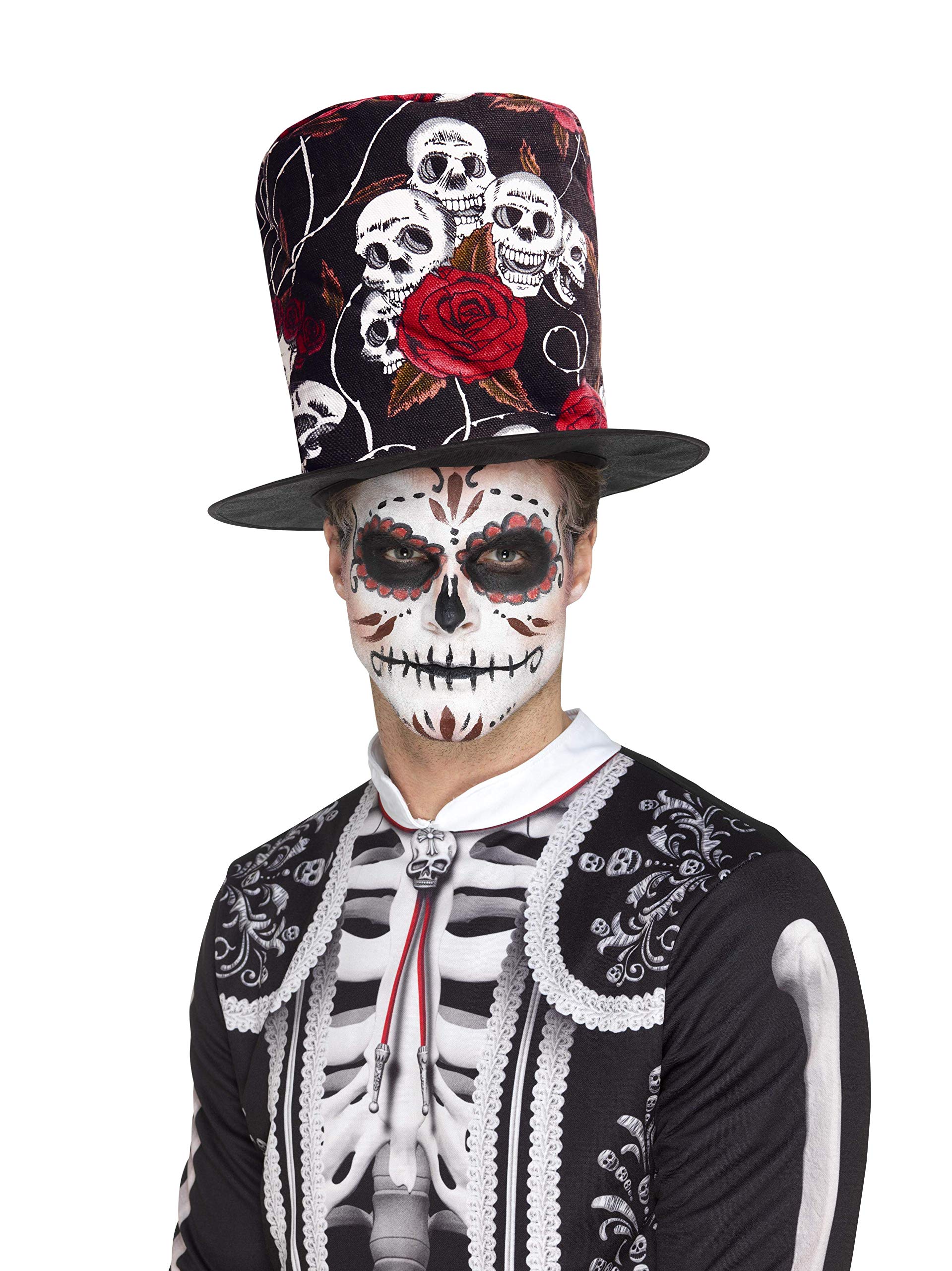 Smiffys 48035 Day of the Dead Skull and Rose Top Hat, Multi-Colour, One Size