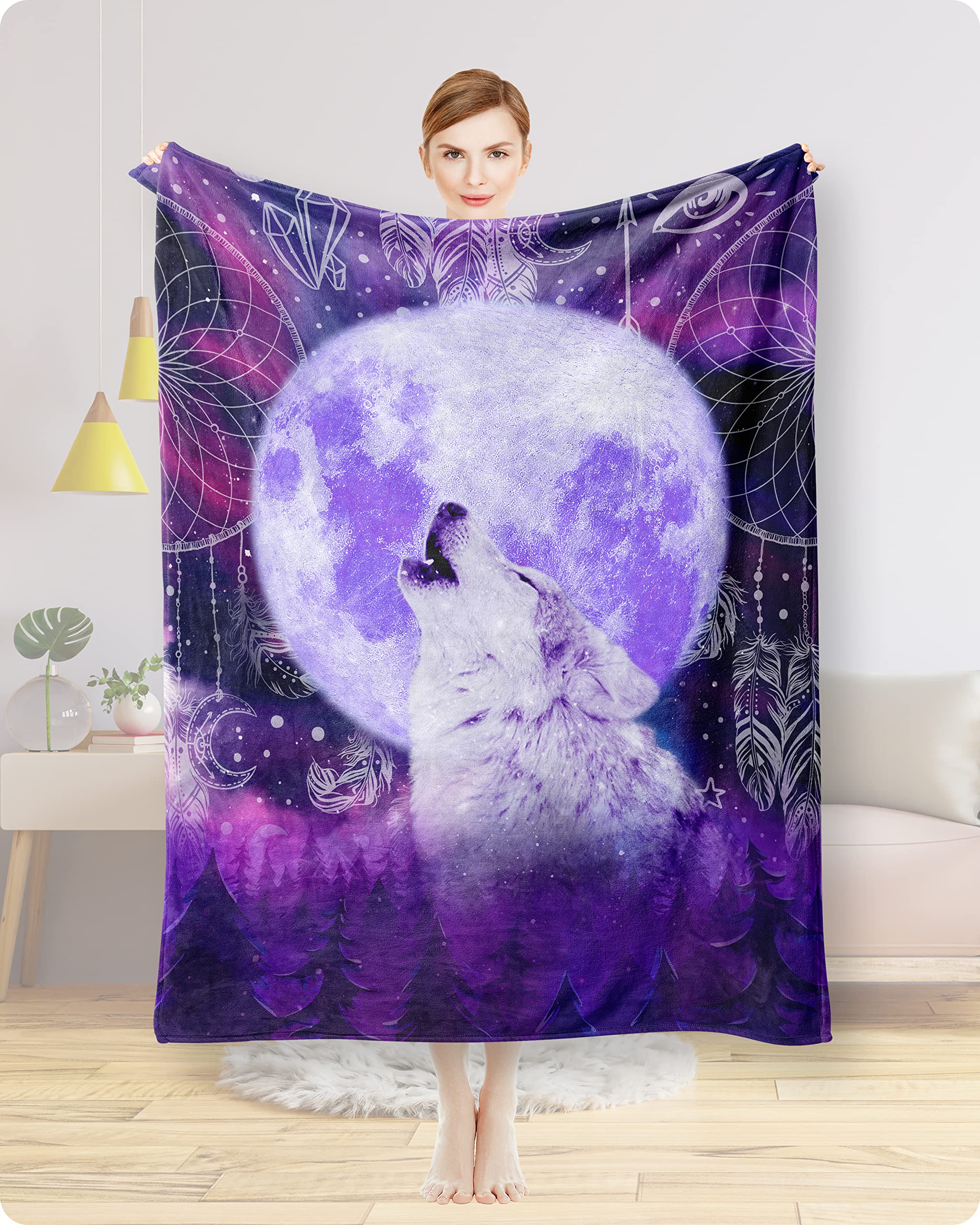 Wolf Throw Blanket Soft Moon Blanket Purple Dream Catcher Blanket Warm Lightweight Travel Plush Blanket Native American Decor Wolves Throw Blanket Gifts for Teens 40x50inch