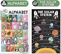 Vista 3 de 4 carteles del alfabeto, mapa de Estados Unidos, mapa del mundo y sistema solar, gráficos ABC laminados para decoración de pared de niños pequeños