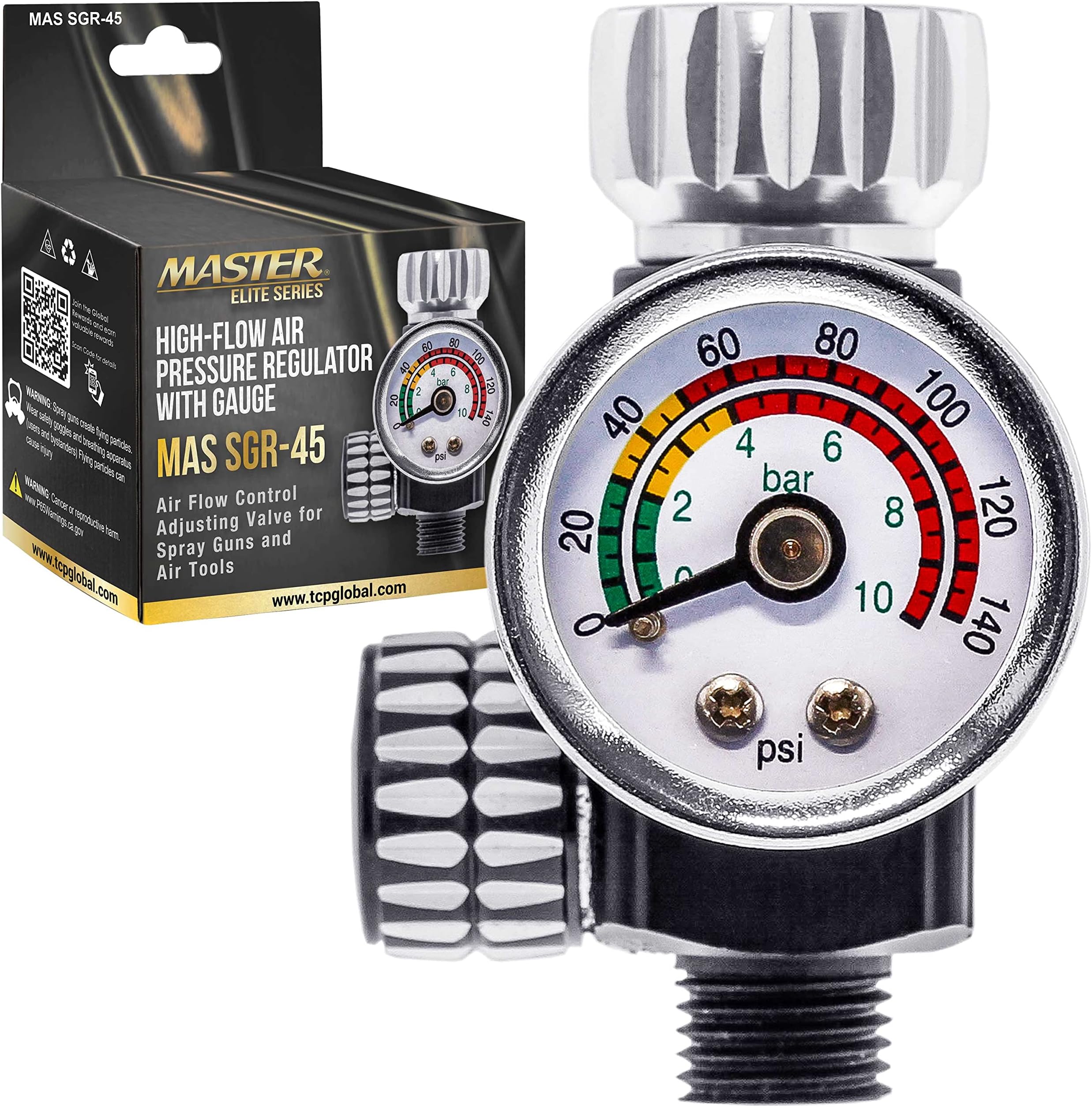 Master Airbrush Master Elite Series High Flow Spray Gun Regulator with Gauge, 0 to 140 PSI - Air Flow Control Adjusting Valve for Air Tools