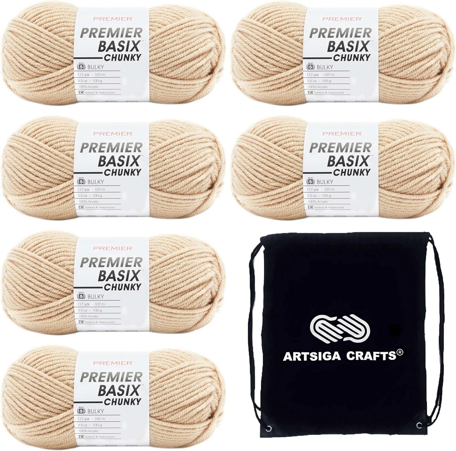 Premier Yarns Basix Chunky Tan 1145-05 (6-Skeins - Same Dye Lot) Chunky Bulky #5 Acrylic Yarn for Crocheting and Knitting with Project Bag
