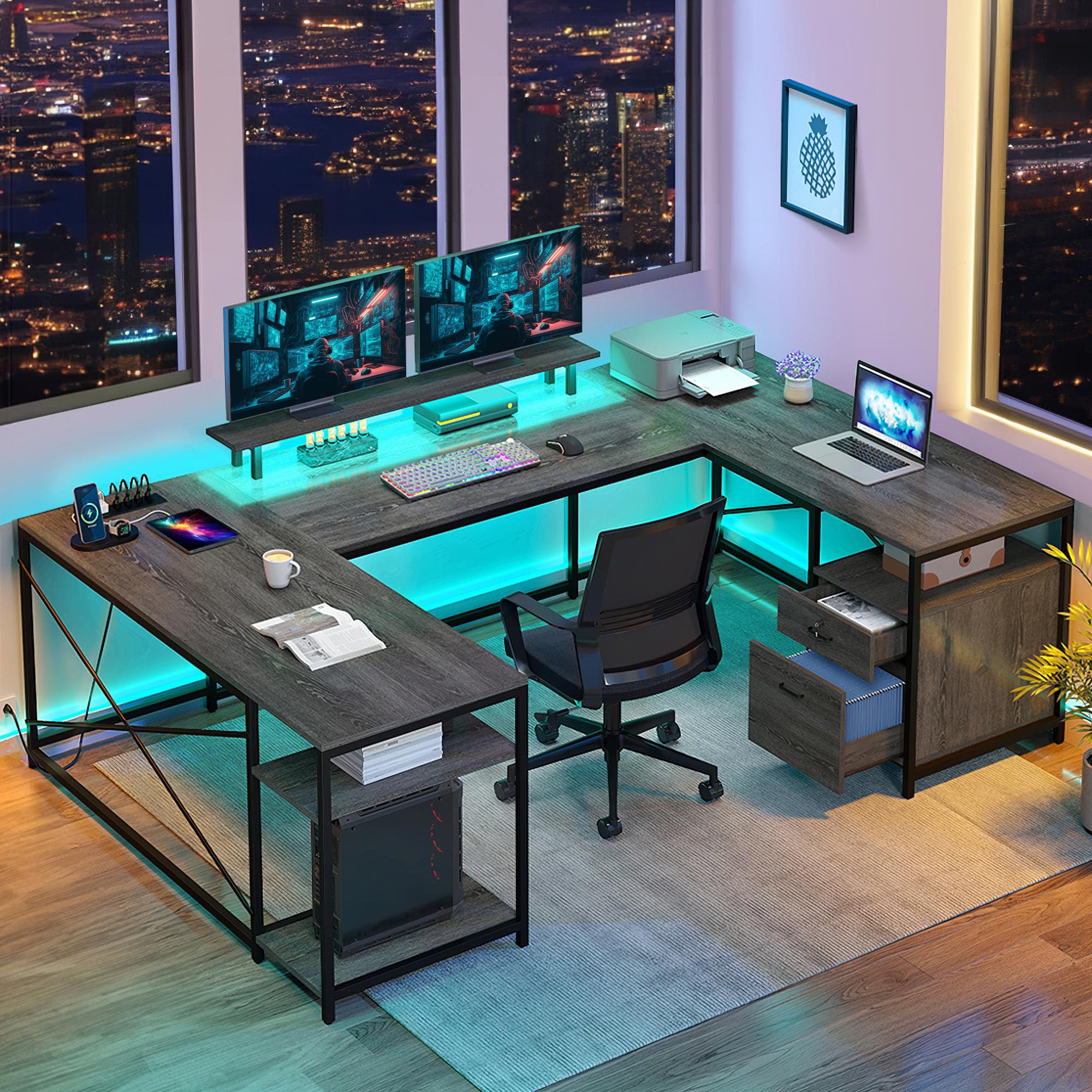 DWVO U Shaped Desk with Drawers, 79" Reversible L Shaped Desk with Power Outlets & LED Lights, Corner Computer Desk with Monitor Stand & Storage