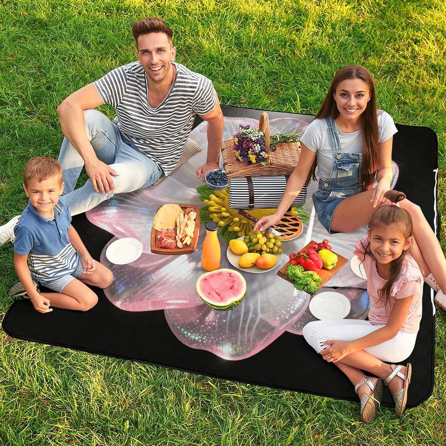 Glazed Fantasy Blossom Picnic Blanket with Zipper Water Resistant Sand Free Picnic Mat Washable Foldable Easy Carry Beach Blanket for Lawn Beach Hiking Camping