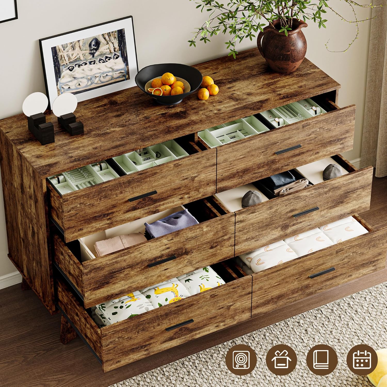 Dresser for Bedroom with 6-Drawer, 47.3" Modern Chest of Drawers with Metal Handles, X-Shape Base & Adjustable Center Leg, Anti-Tip Closet Organizers and Storage - Image 4