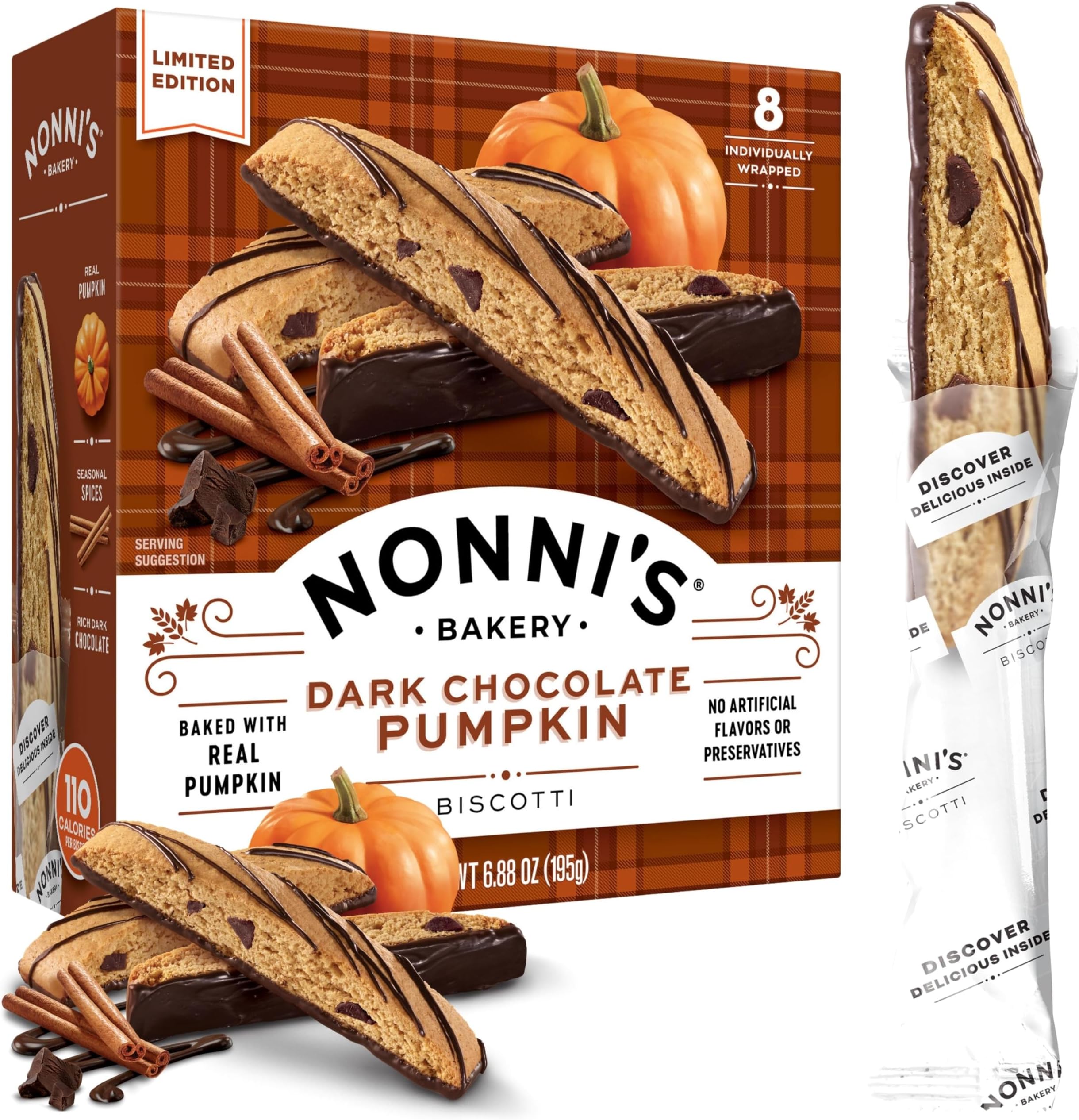 Nonni'sDark Chocolate Pumpkin Biscotti Holiday Cookies - Pumpkin Cookies - Pumpkin Biscotti w/Cinnamon Icing - Biscotti Individually Wrapped Chocolate Pumpkin Spice Cookies - Kosher Coffee Cookies 6.88 oz
