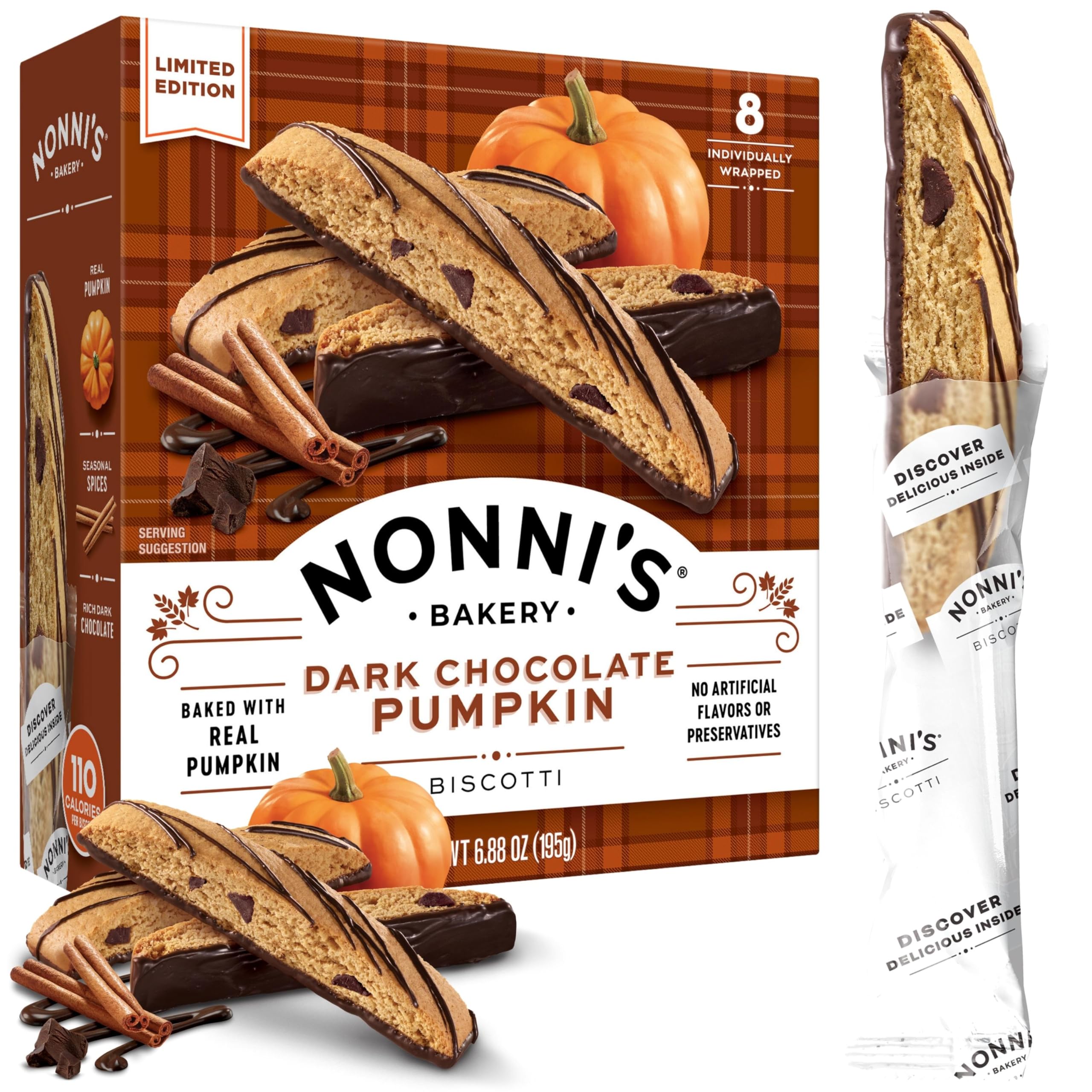 Nonni'sDark Chocolate Pumpkin Biscotti Holiday Cookies - Pumpkin Cookies - Pumpkin Biscotti w/Cinnamon Icing - Biscotti Individually Wrapped Chocolate Pumpkin Spice Cookies - Kosher Coffee Cookies 6.88 oz