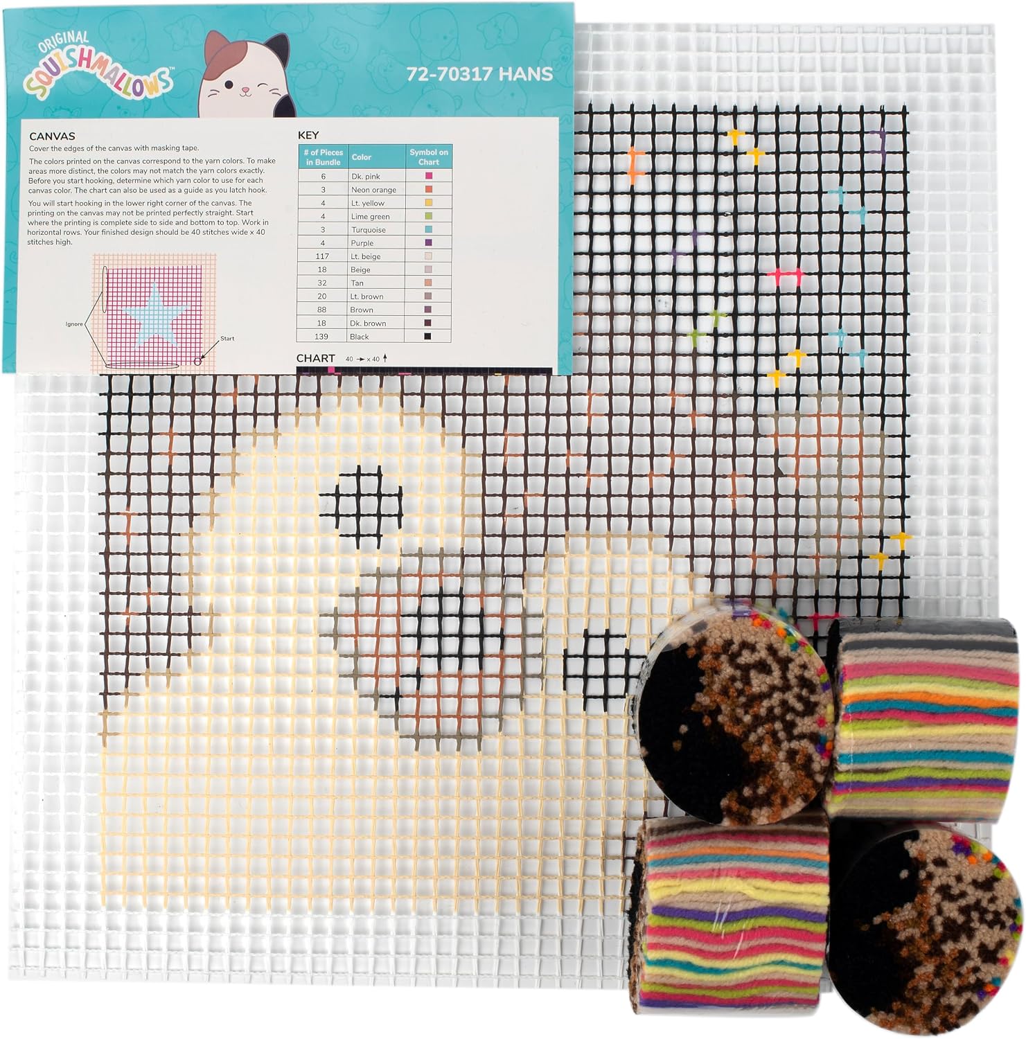 Dimensions 72-70317 Squishmallows Hans Latch Hook Kit, 12" x 12", Multicolor, 6 Pieces