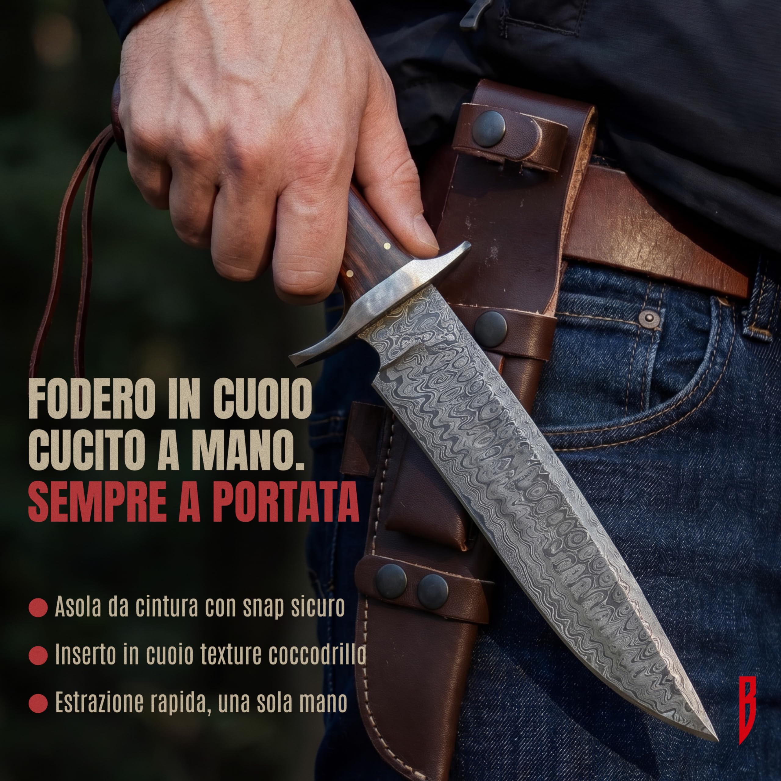 BIGCAT ROAR Patriot - Coltello da Caccia in Acciaio Damasco 35 6 cm - Manico in Legno di Noce e Fodero in Cuoio - Bushcraft Campeggio Sopravvivenza - Regalo Uomo Cacciatore o Collezionista