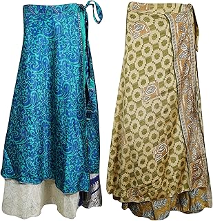 Mogul Interior 2pc Womens Wrap Skirt Printed Silk Sari Bohemian Beach Cover up One Size Blue, Green