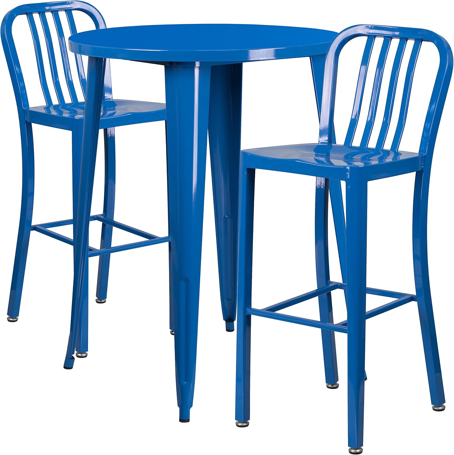 Flash Furniture Commercial Grade 30" Round White Metal Indoor-Outdoor Bar Table Set with 2 Vertical Slat Back Stools
