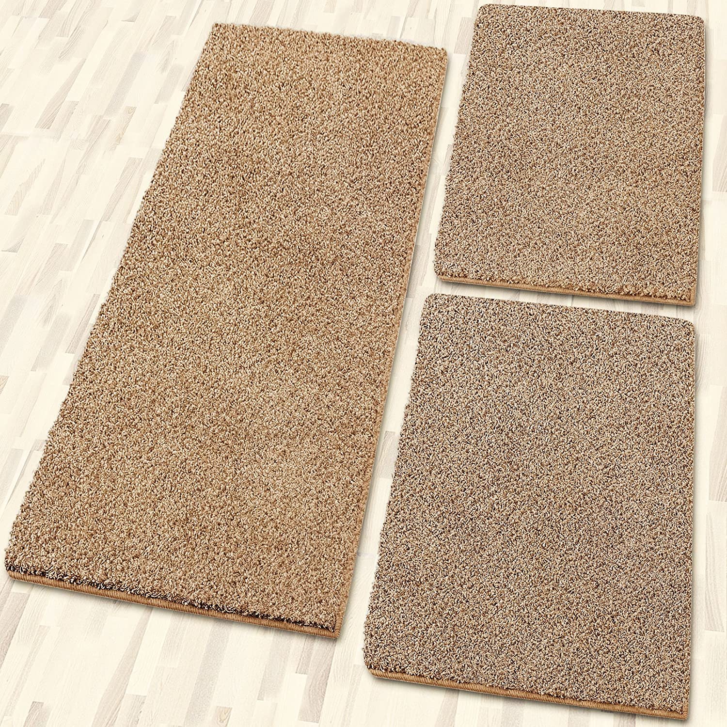 Shaggy-Bettumrandung Sphinx - 3-teiliges Läufer-Set für das Schlafzimmer - Hochflor Bettvorleger in vielen Farben (B: 67 cm | L: 1 x 240 cm + 2 x 140 cm, Beige)